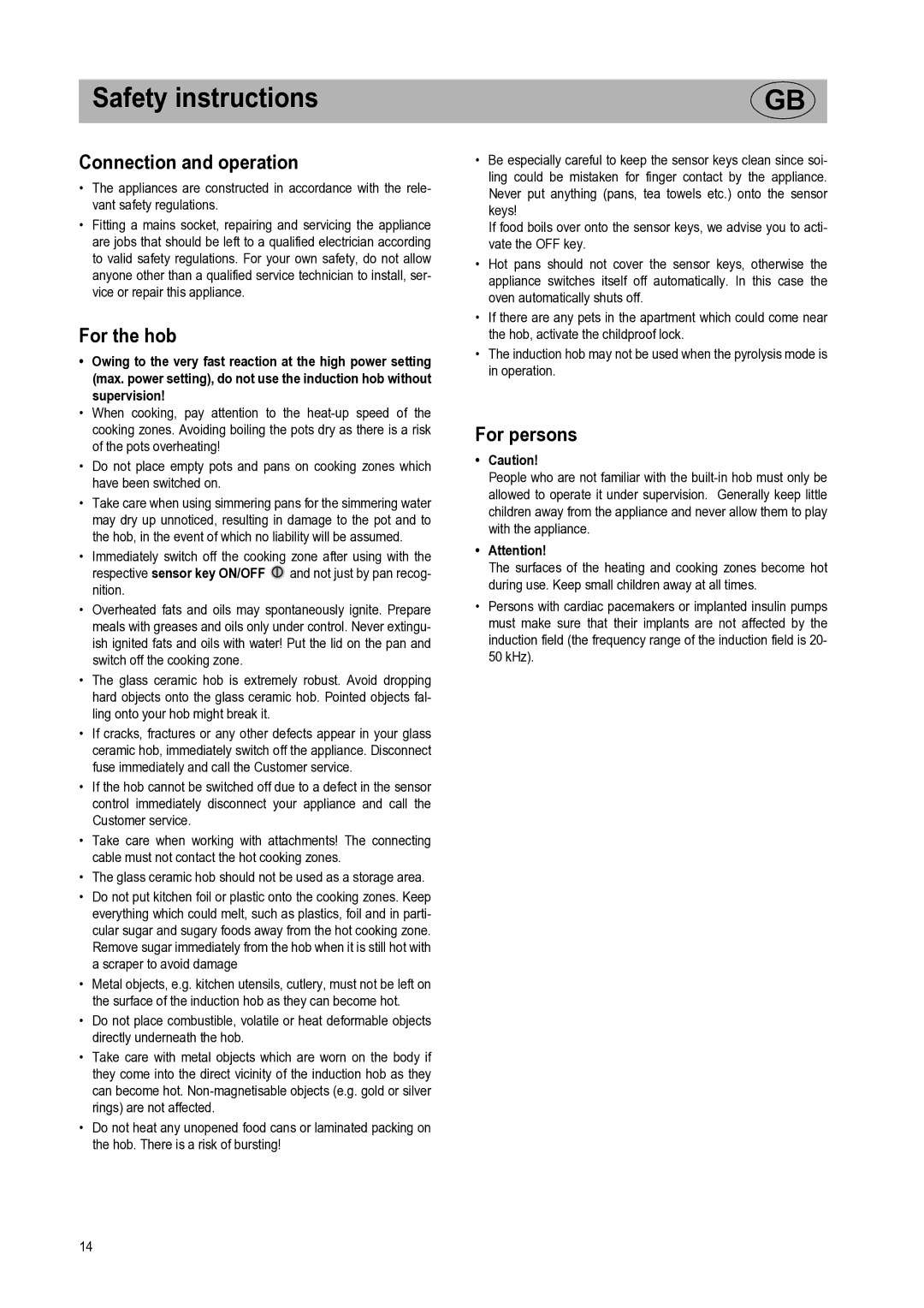 Smeg SE2732ID manual Safety instructions, Connection and operation, For the hob, For persons 