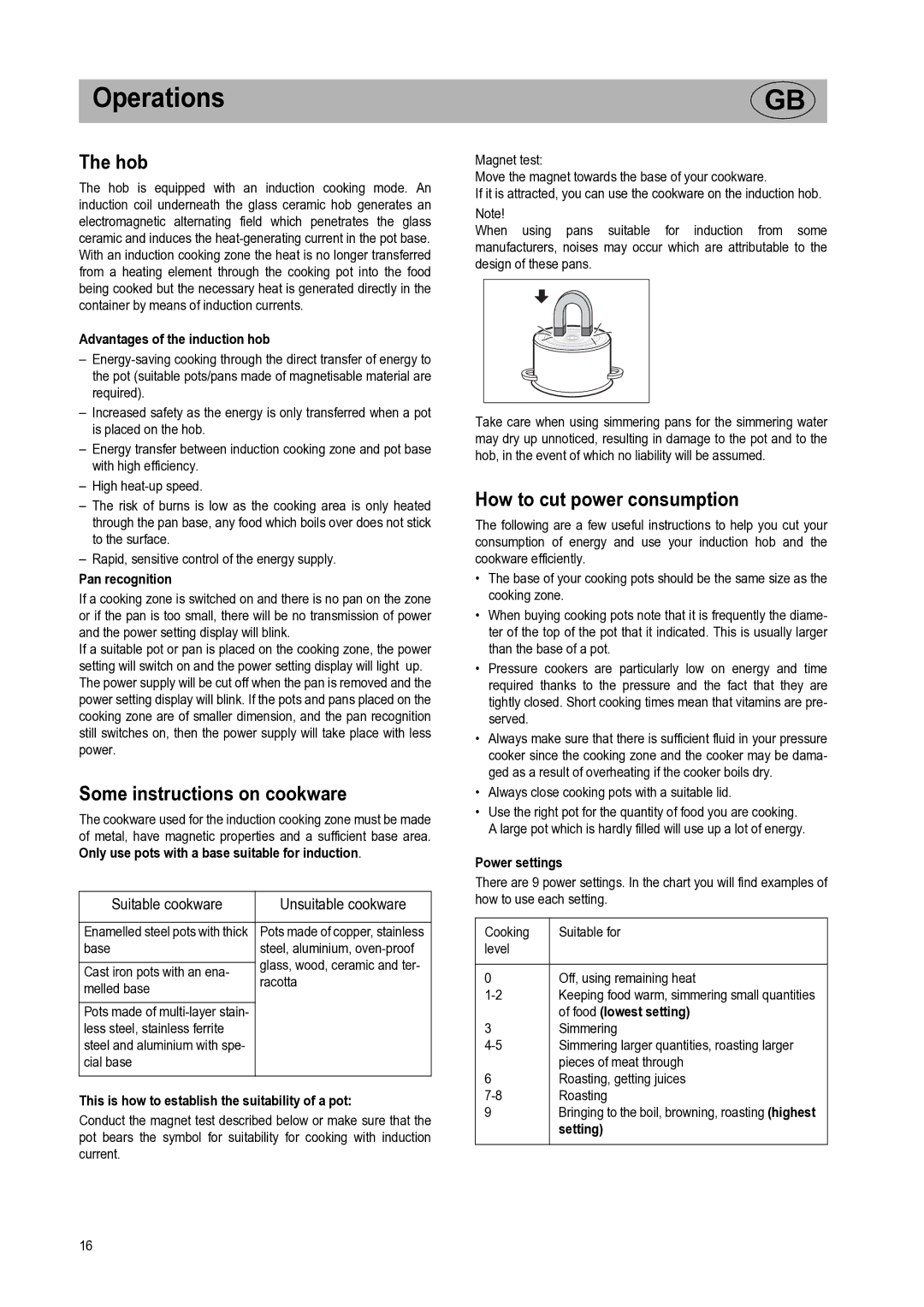 Smeg SE2732ID manual Operations, Hob, Some instructions on cookware, How to cut power consumption 