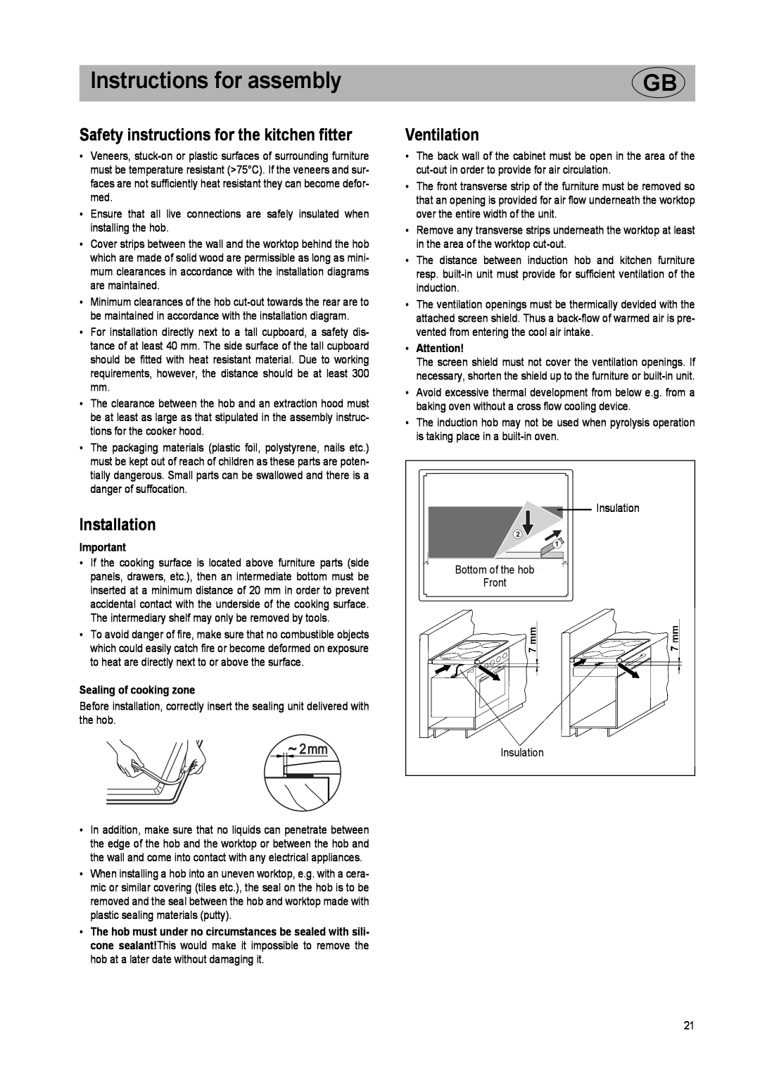 Smeg SE2732ID manual Instructions for assembly, Safety instructions for the kitchen fitter, Installation, Ventilation 
