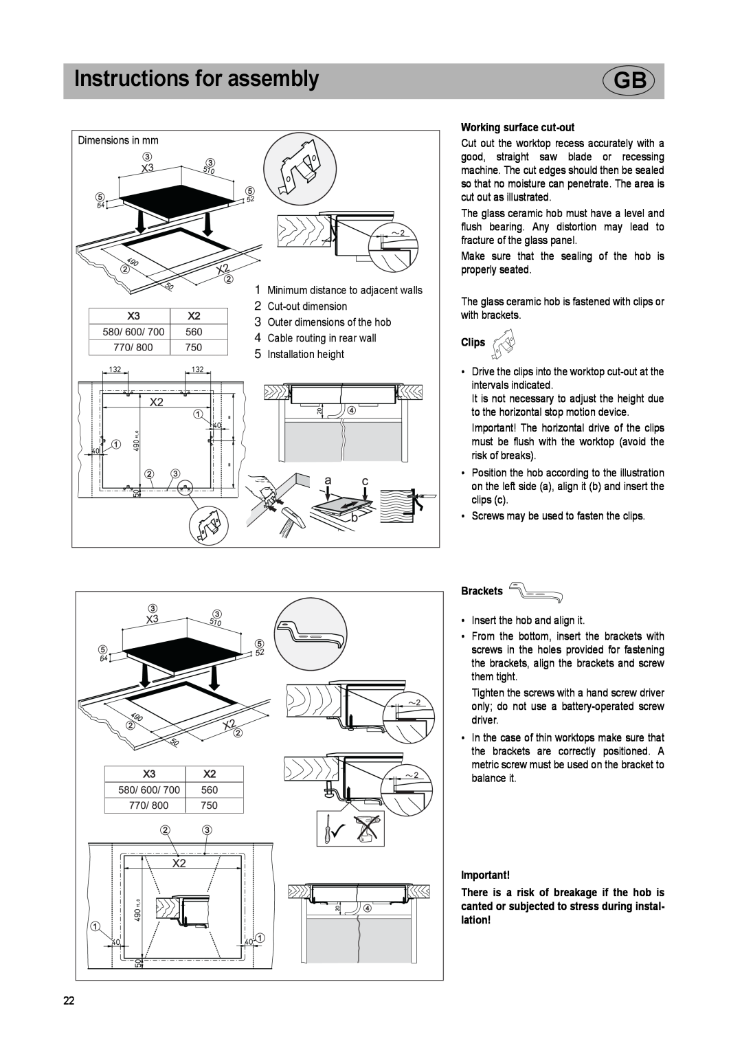 Smeg SE2732ID manual Instructions for assembly, Working surface cut-out, Clips, Brackets 