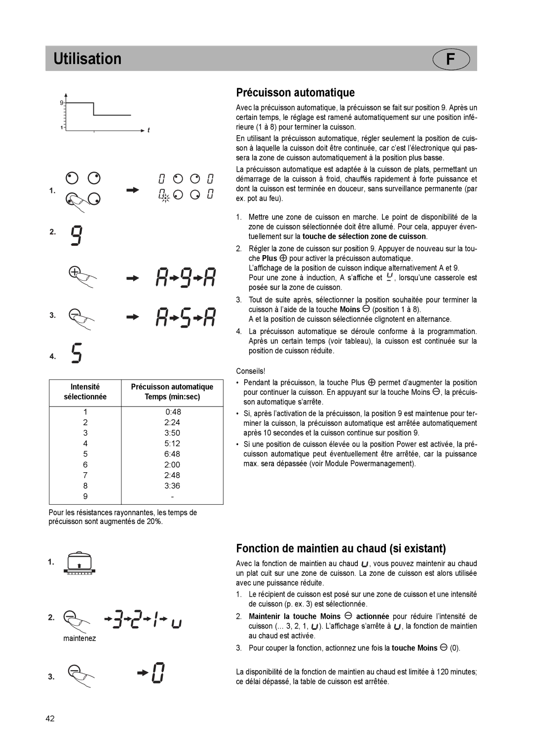 Smeg SE2842ID2 manual Précuisson automatique, Fonction de maintien au chaud si existant, Intensité 