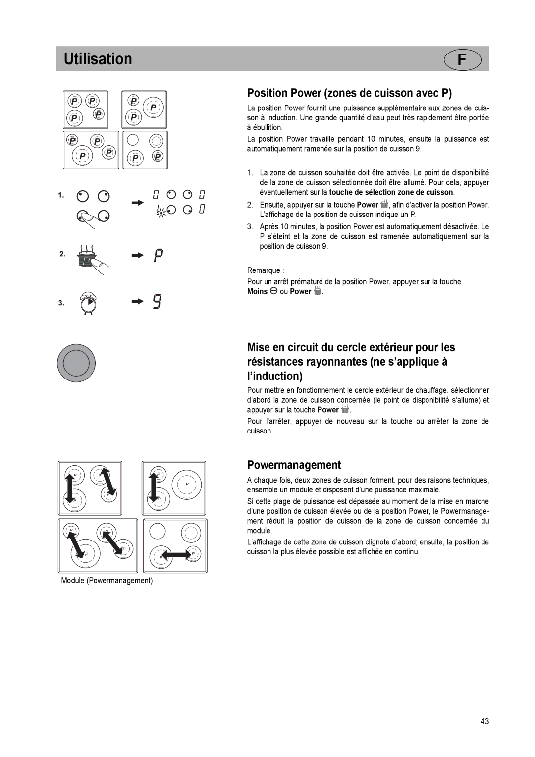 Smeg SE2842ID2 manual Position Power zones de cuisson avec P, Powermanagement 