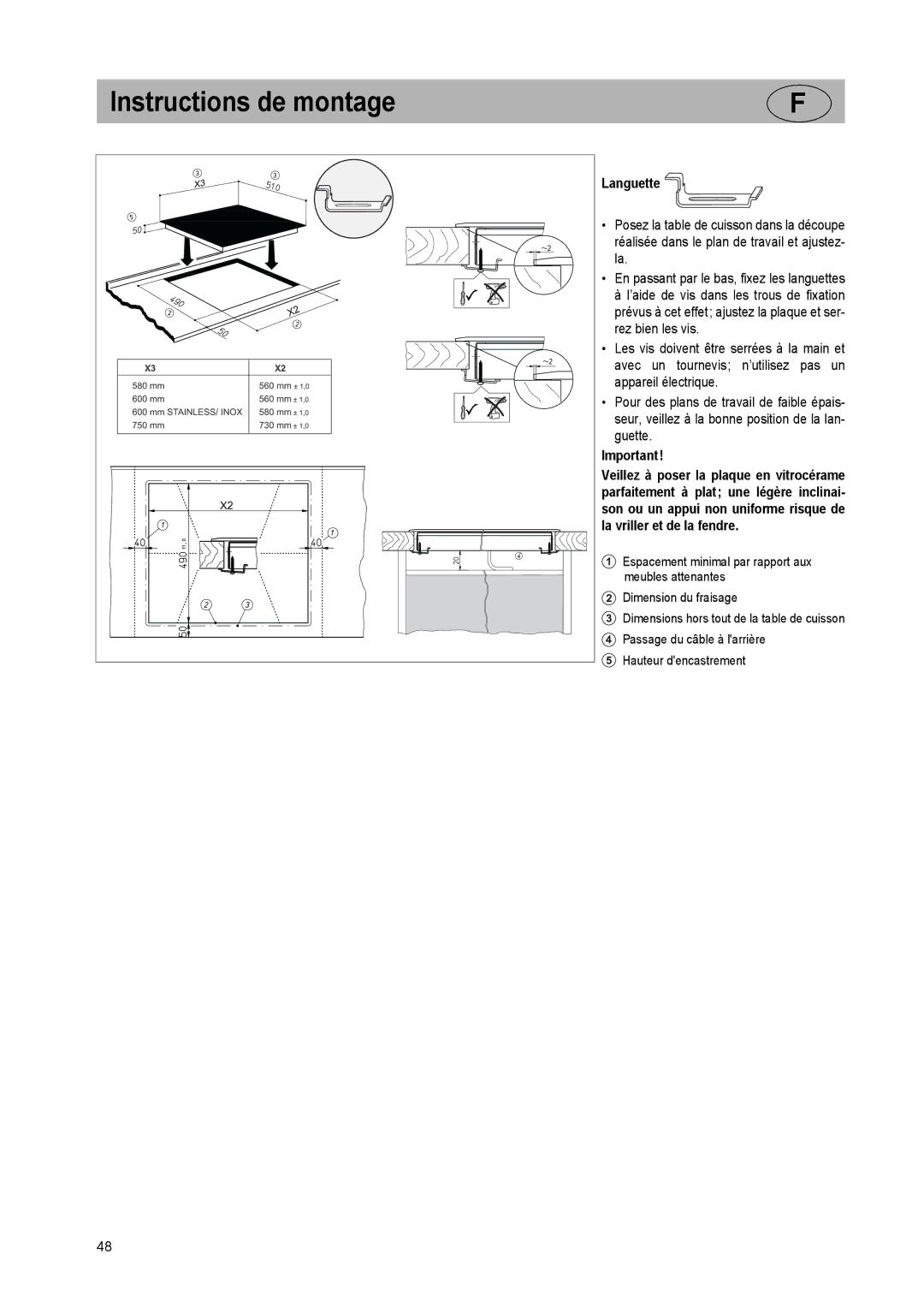 Smeg SE2842ID2 manual Instructions de montage 