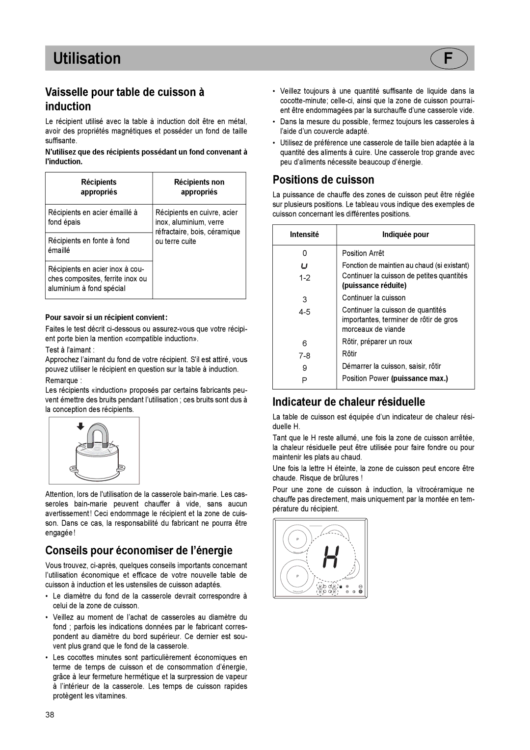 Smeg SE2842ID2 Vaisselle pour table de cuisson à induction, Conseils pour économiser de l’énergie, Positions de cuisson 