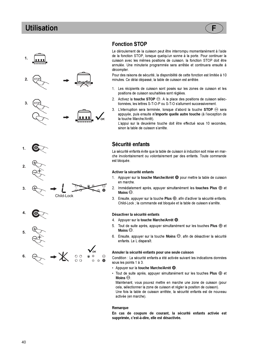 Smeg SE2842ID2 manual Fonction Stop, Sécurité enfants, Activer la sécurité enfants, Moins 