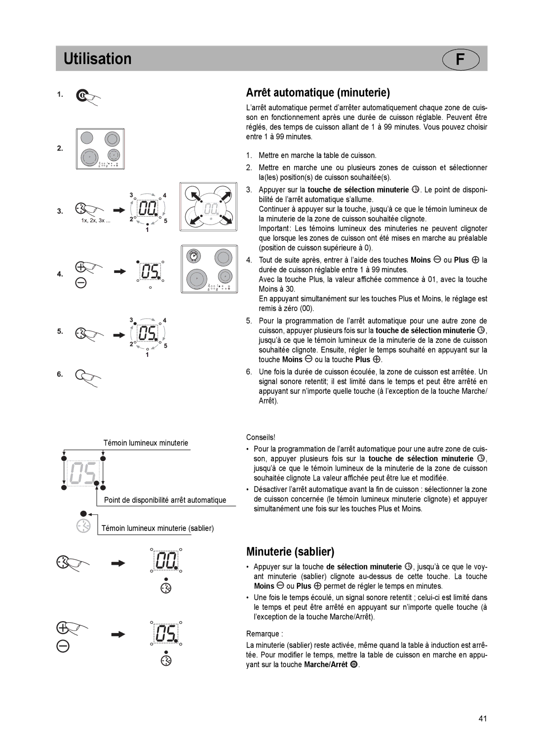 Smeg SE2842ID2 manual Arrêt automatique minuterie, Minuterie sablier 