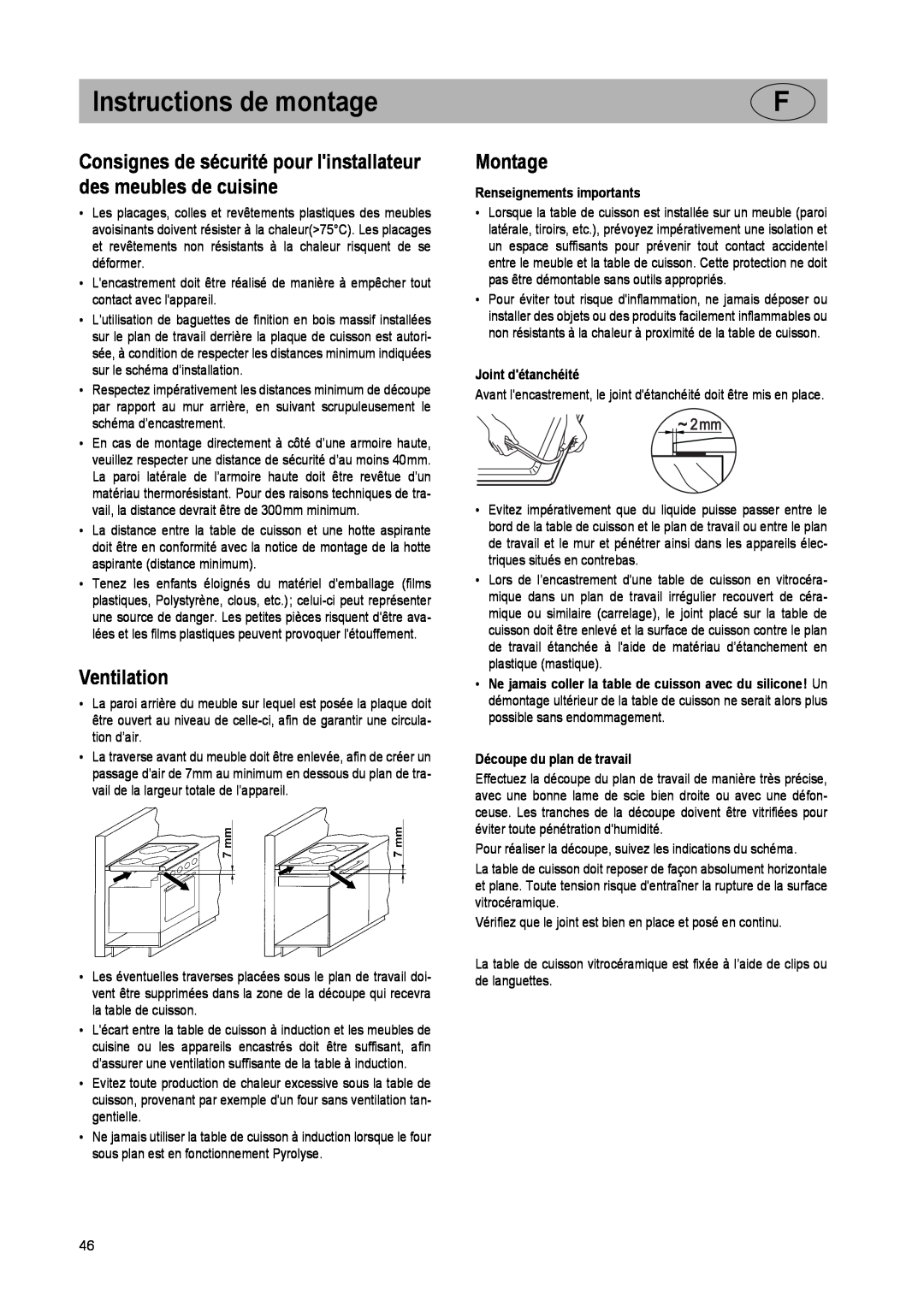 Smeg SE2842ID2 manual Instructions de montage, Consignes de sécurité pour linstallateur des meubles de cuisine, Ventilation 