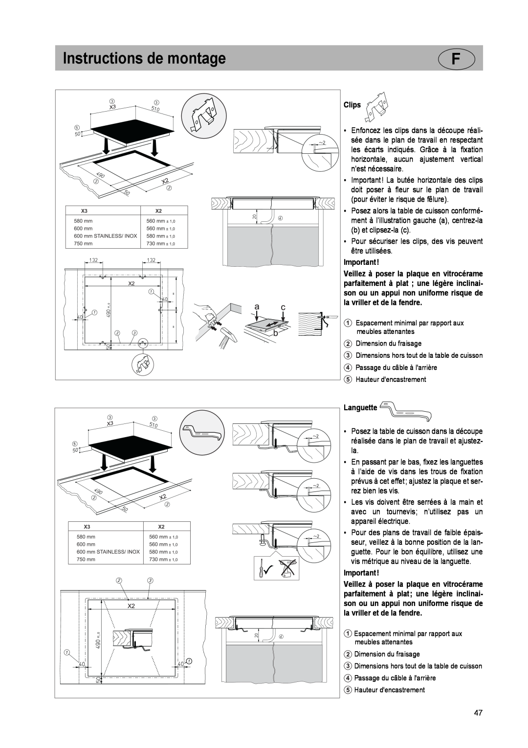 Smeg SE2842ID2 manual Instructions de montage, Clips, Languette 