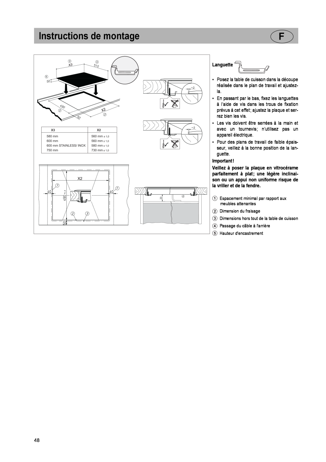 Smeg SE2842ID2 manual Instructions de montage, Languette 