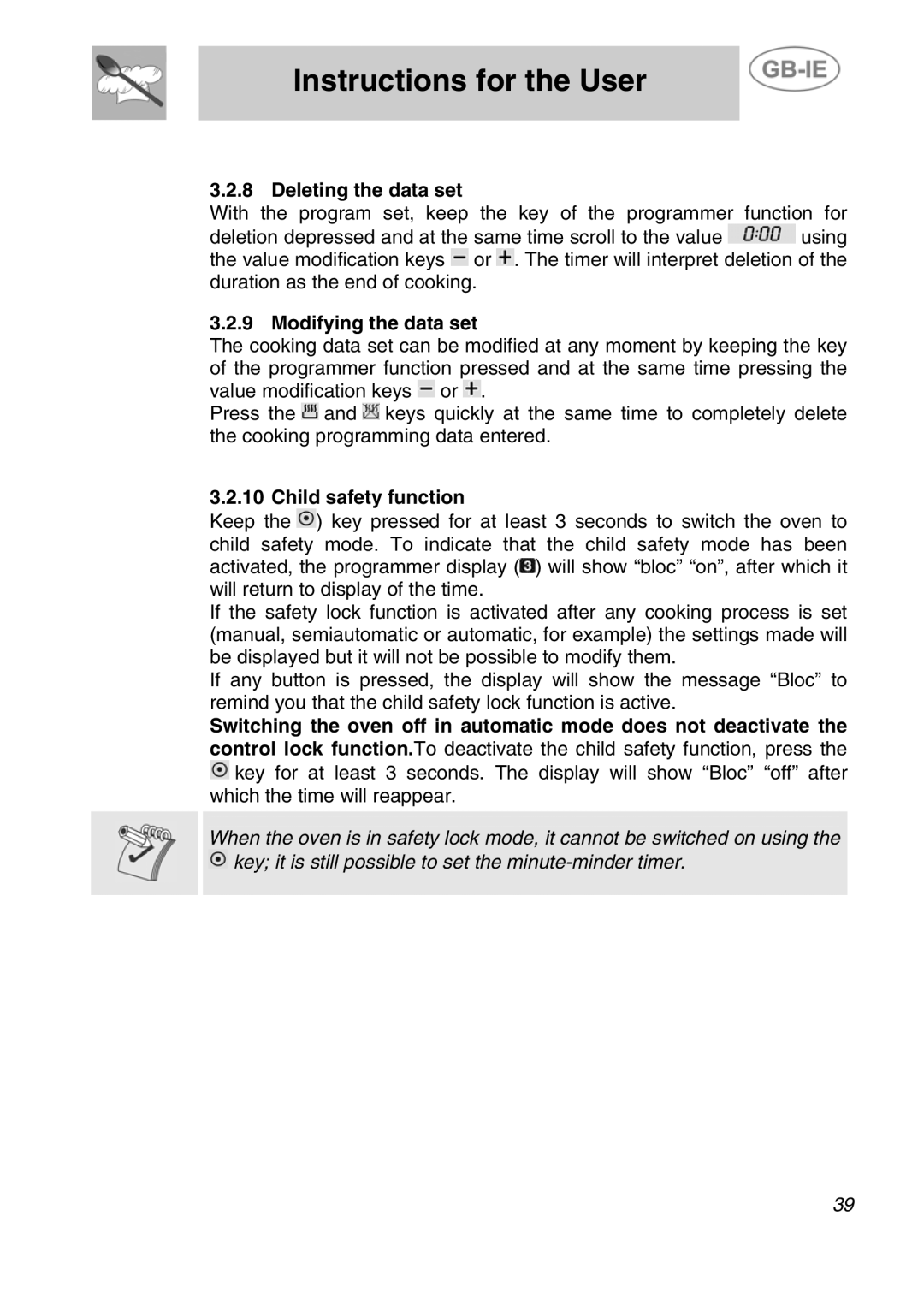 Smeg SE290X-6 manual Deleting the data set, Modifying the data set, Child safety function 