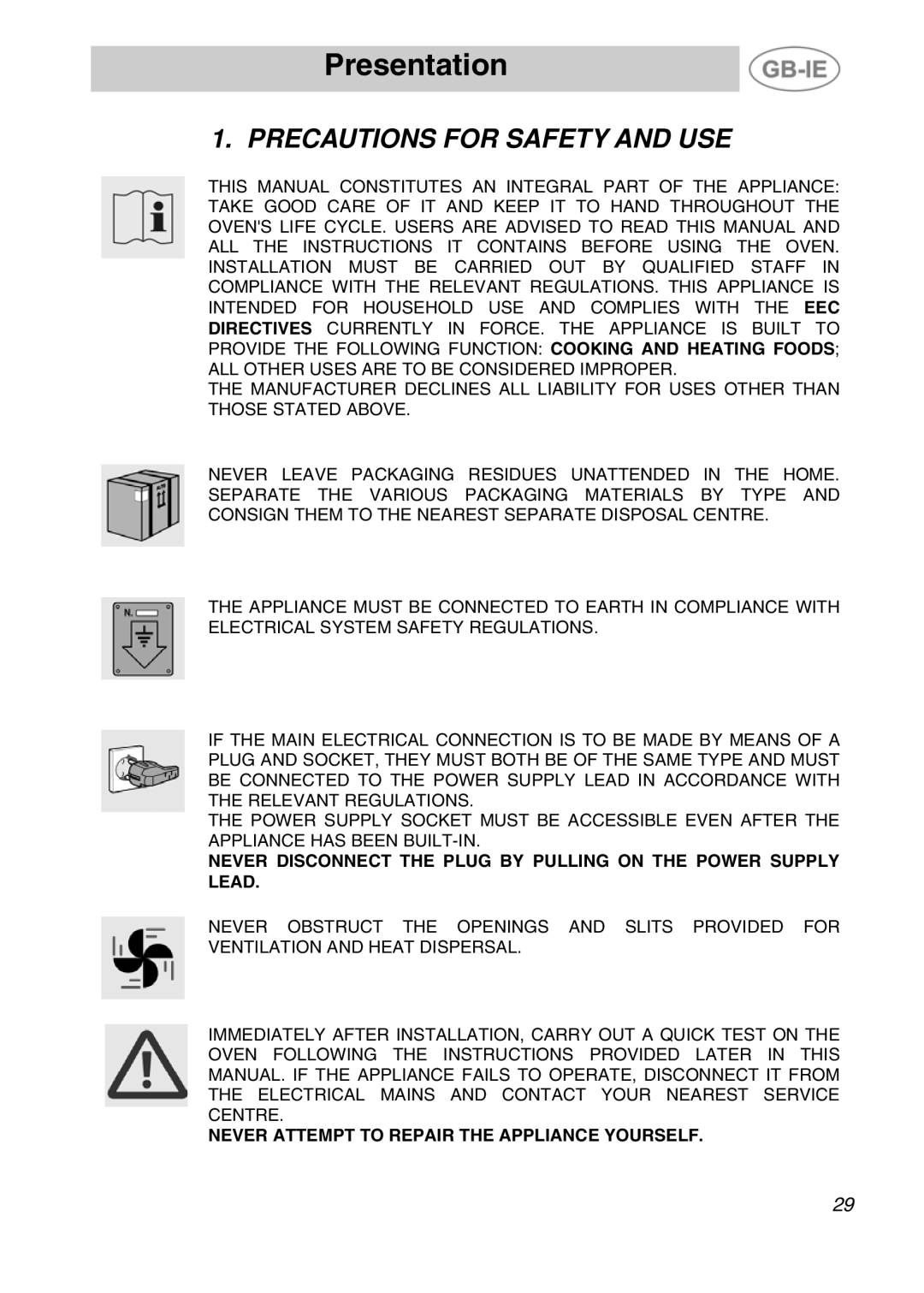 Smeg SE290X-6 manual Presentation, Precautions for Safety and USE 