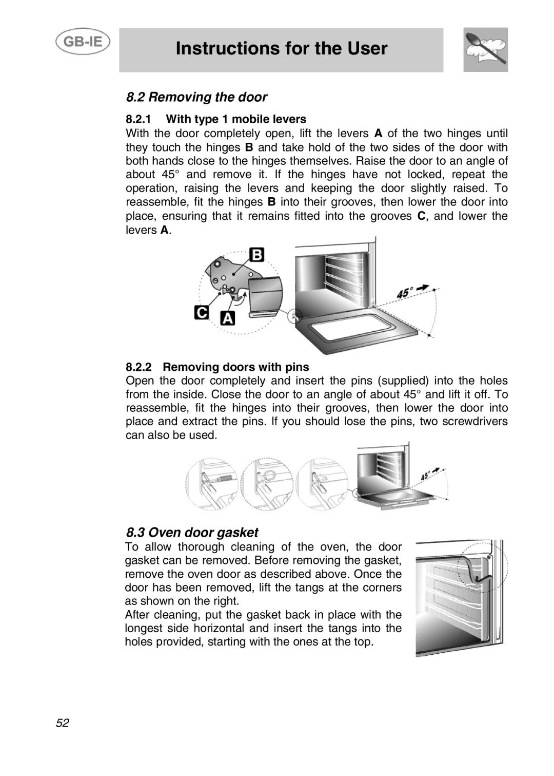 Smeg SE290X-6 manual Removing the door, Oven door gasket, With type 1 mobile levers, Removing doors with pins 