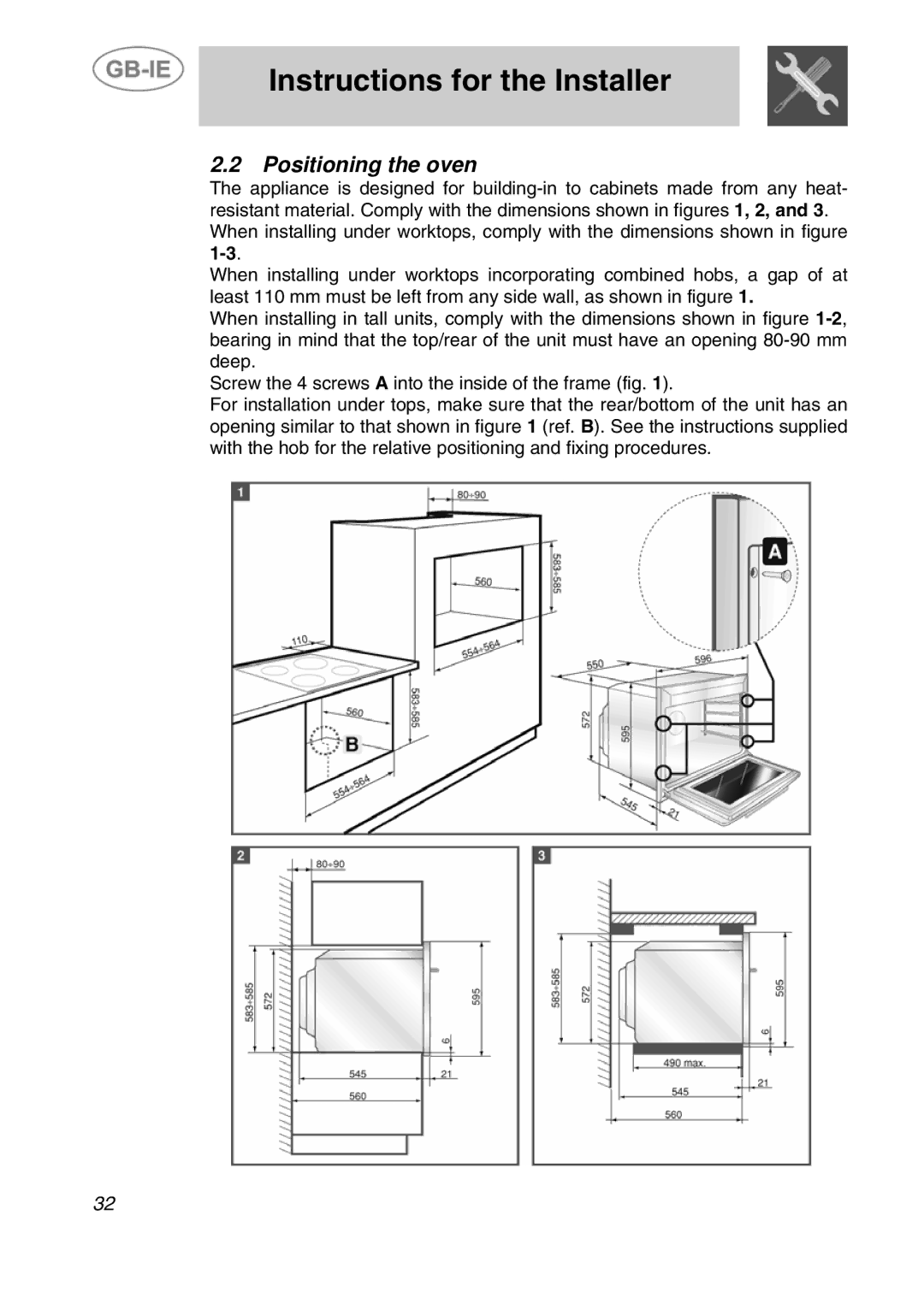 Smeg SE290X-6 manual Positioning the oven 