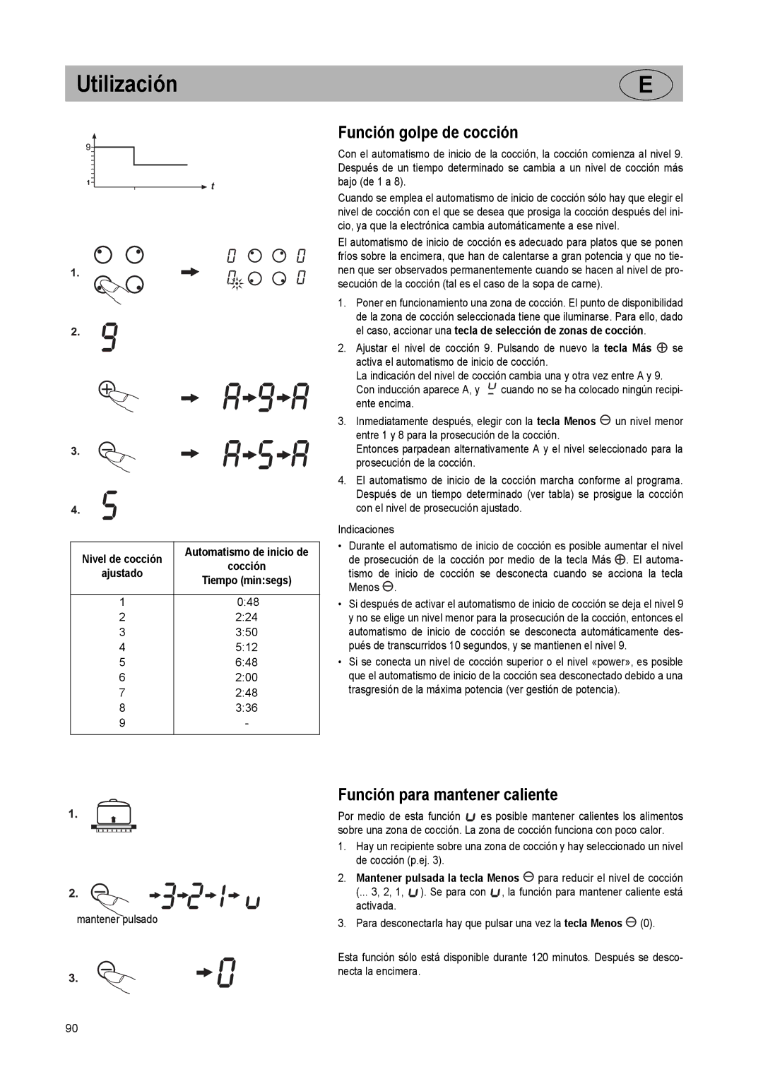 Smeg SE2931ID manual Función golpe de cocción, Función para mantener caliente 