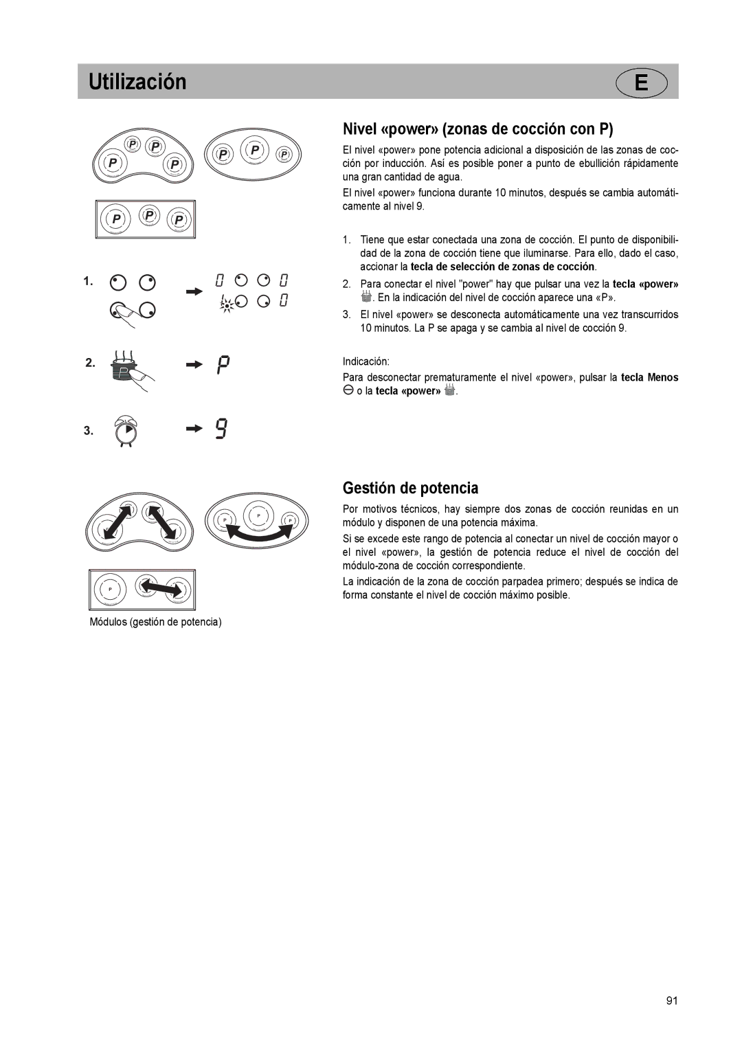 Smeg SE2931ID manual Nivel «power» zonas de cocción con P, Gestión de potencia, La tecla «power» 