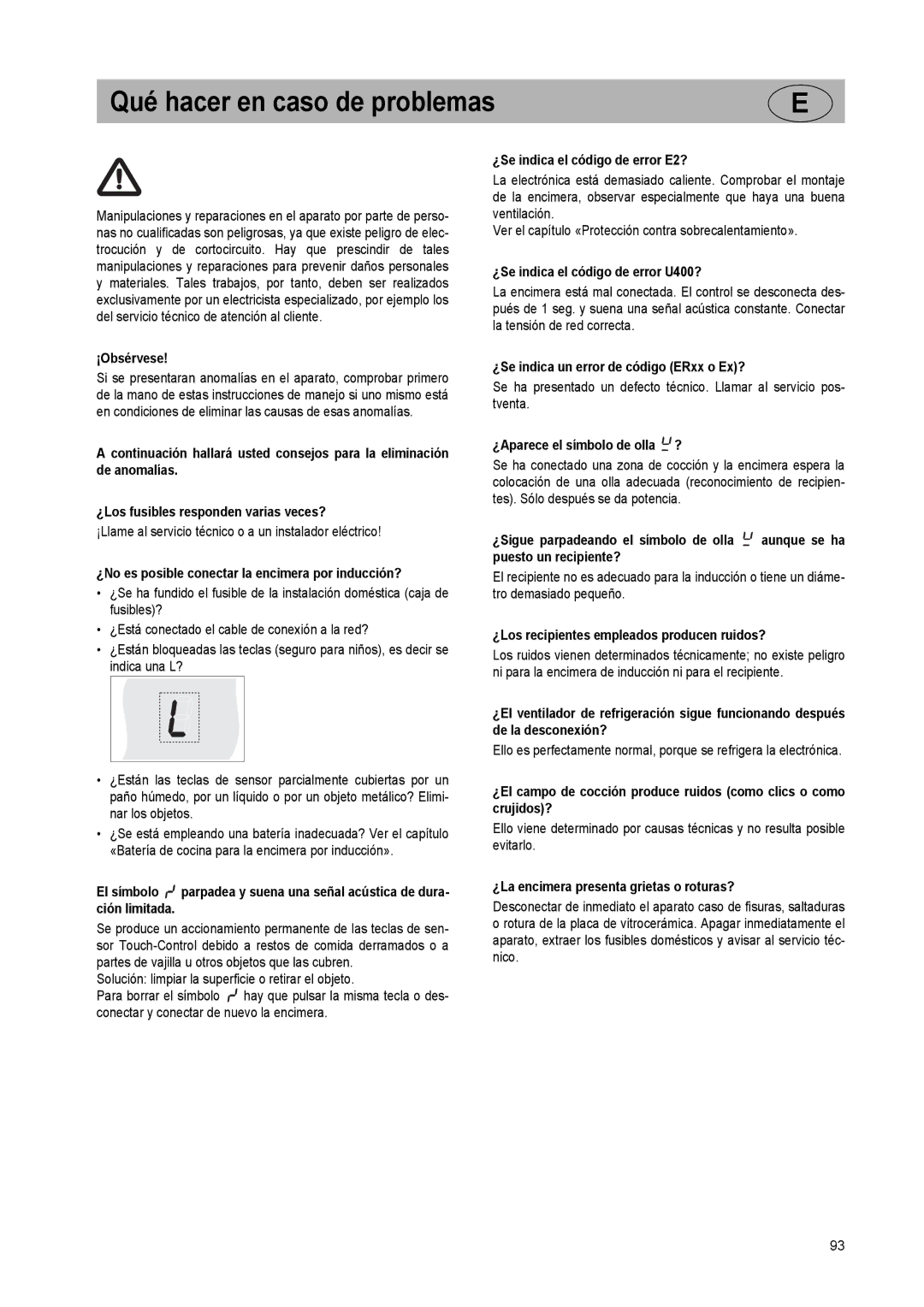 Smeg SE2931ID manual Qué hacer en caso de problemas 