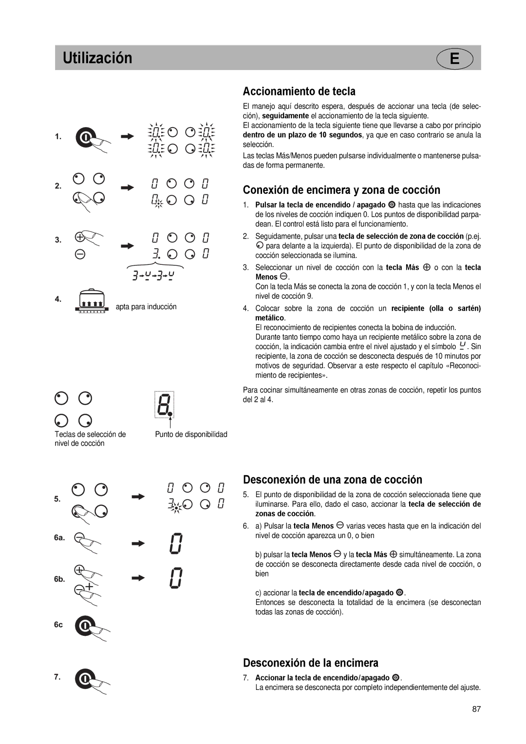 Smeg SE2931ID manual Accionamiento de tecla, Conexión de encimera y zona de cocción, Desconexión de una zona de cocción 