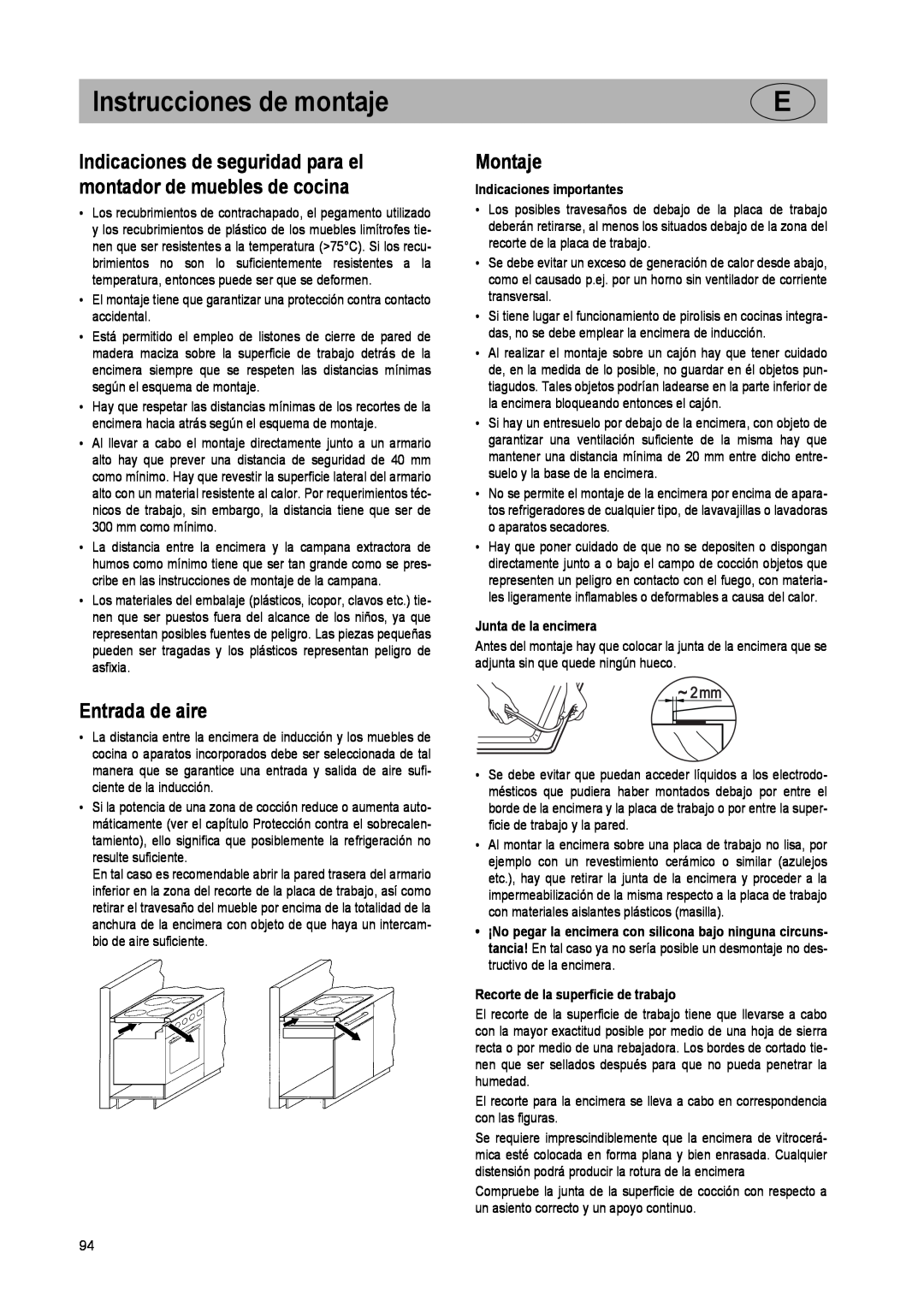 Smeg SE2931ID manual Instrucciones de montaje, Entrada de aire, Montaje, Indicaciones importantes, Junta de la encimera 