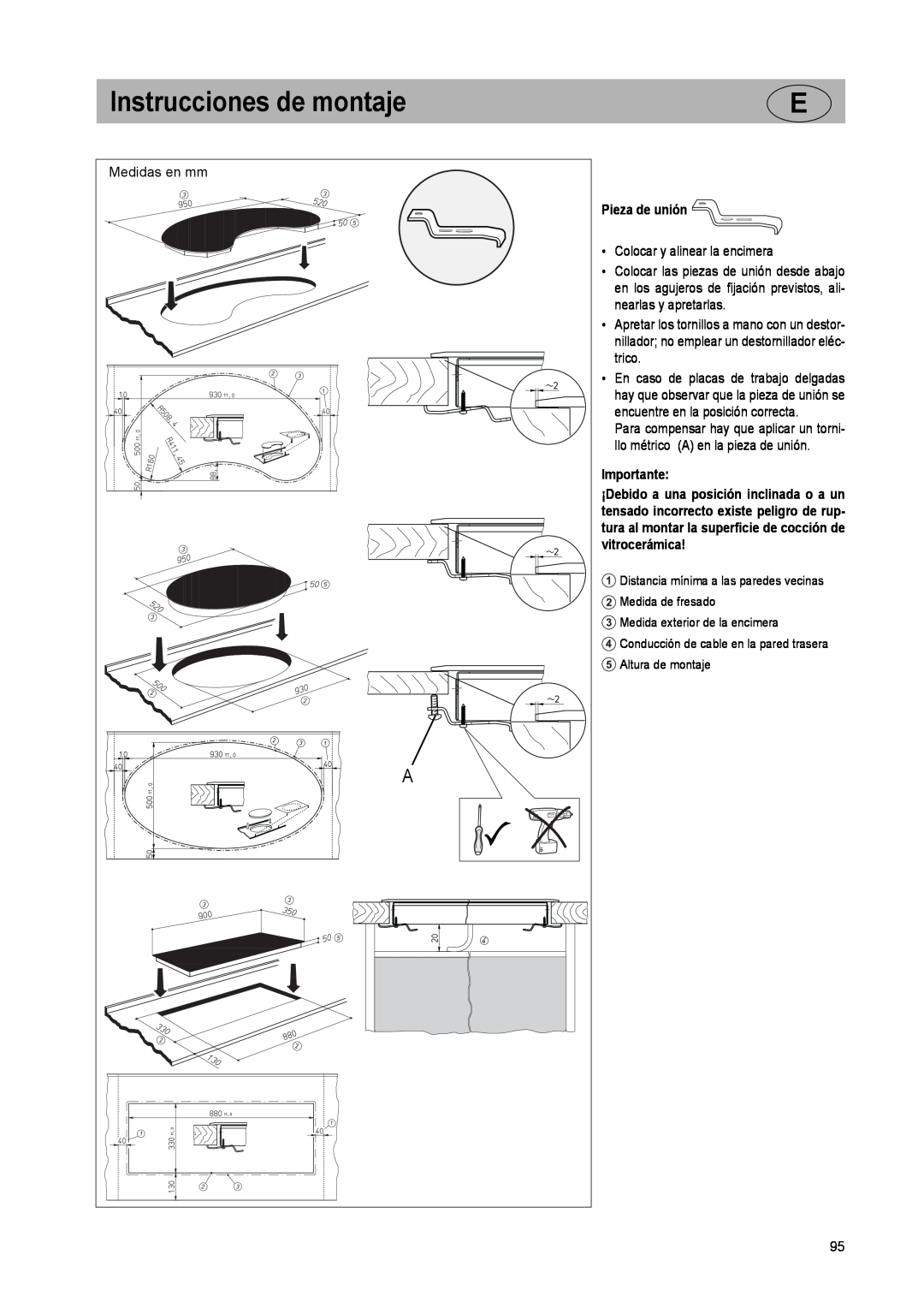 Smeg SE2931ID manual Instrucciones de montaje, Pieza de unión, Importante 