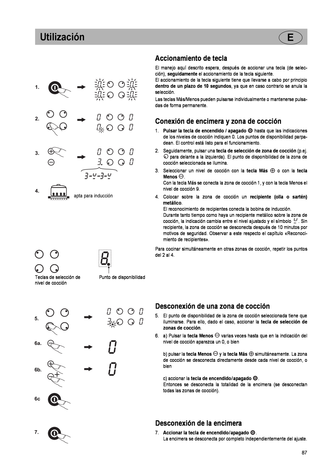 Smeg SE2931ID manual Accionamiento de tecla, Conexión de encimera y zona de cocción, Desconexión de una zona de cocción 