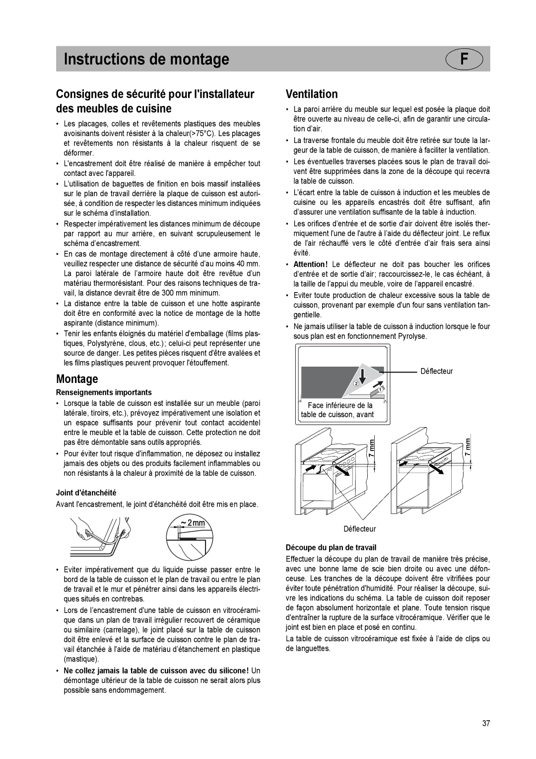 Smeg SE2951ID manual Instructions de montage, Montage, Ventilation 