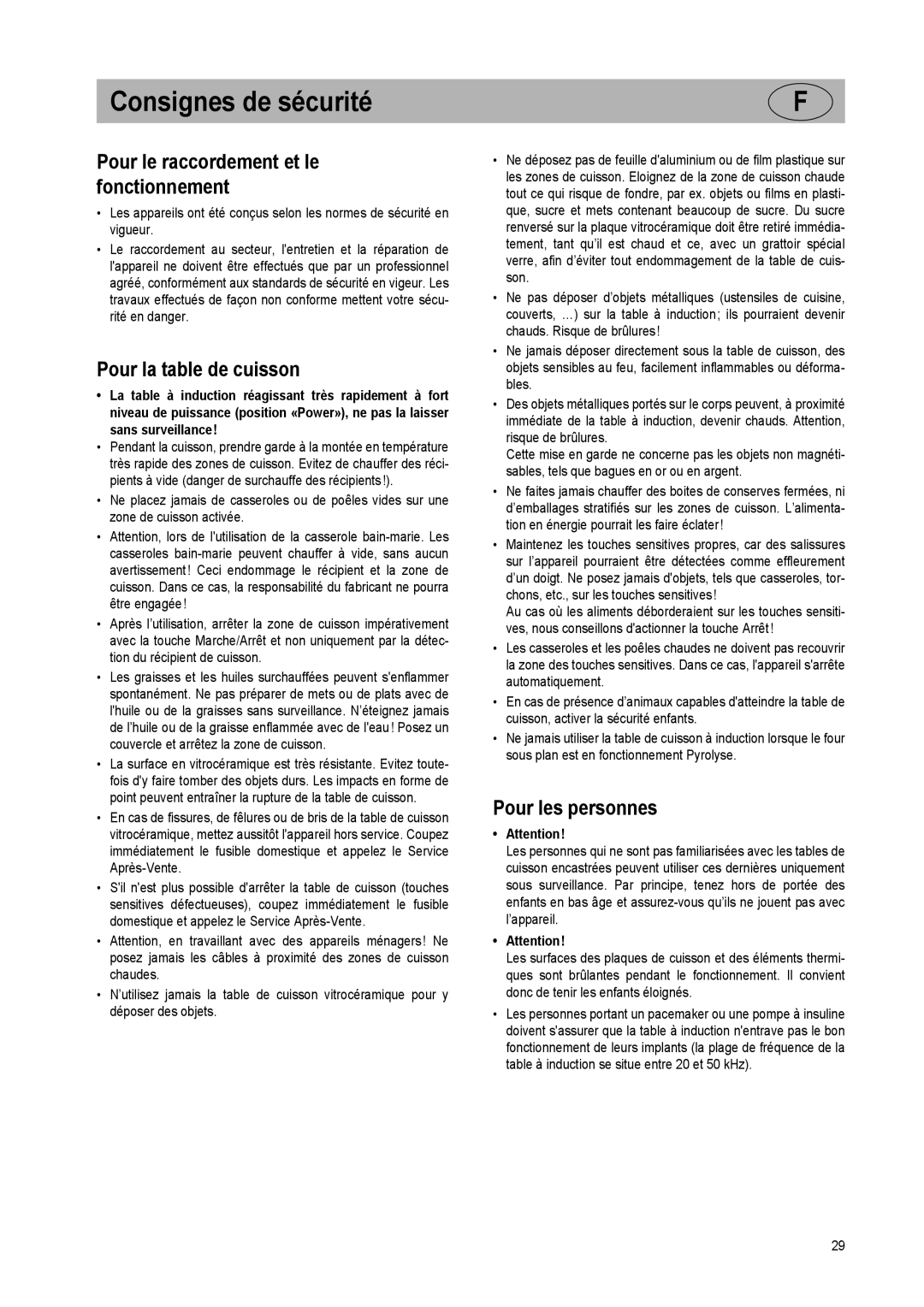 Smeg SE2951ID manual Consignes de sécurité, Pour le raccordement et le fonctionnement, Pour la table de cuisson 