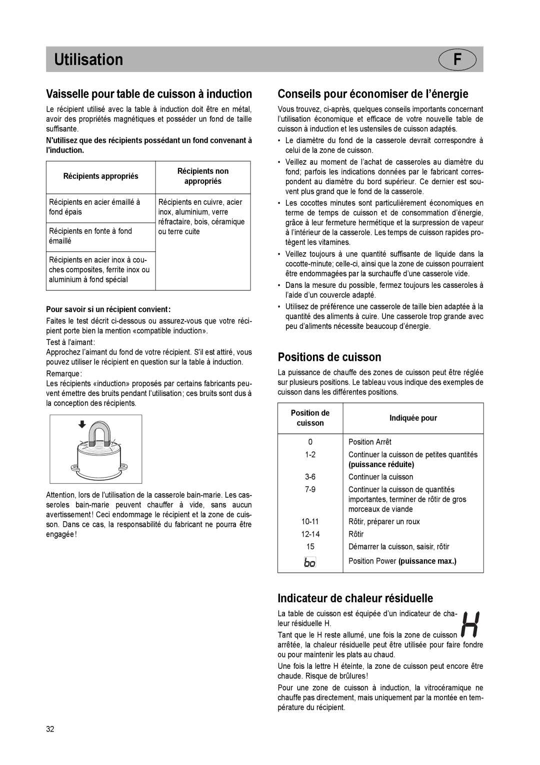 Smeg SE2951ID Vaisselle pour table de cuisson à induction, Conseils pour économiser de l’énergie, Positions de cuisson 