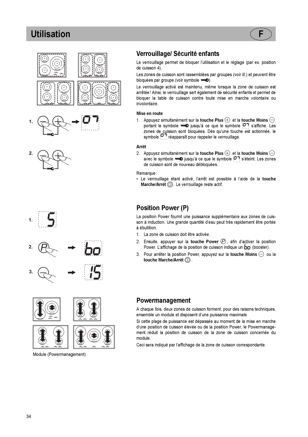 Smeg SE2951ID manual Verrouillage/ Sécurité enfants, Position Power P, Powermanagement, Mise en route, Arrêt 