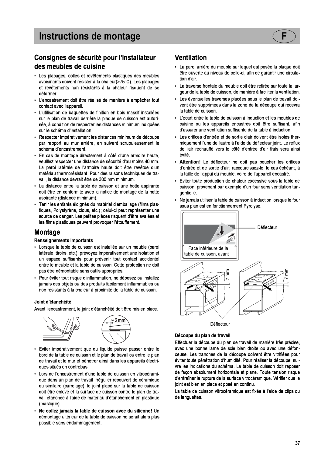 Smeg SE2951ID manual Instructions de montage, Montage, Ventilation, Renseignements importants, Joint détanchéité 