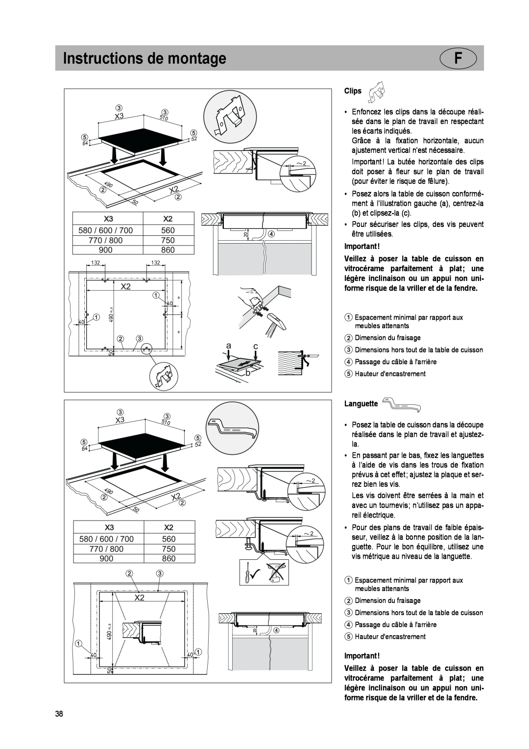 Smeg SE2951ID manual Instructions de montage, Clips, Languette 