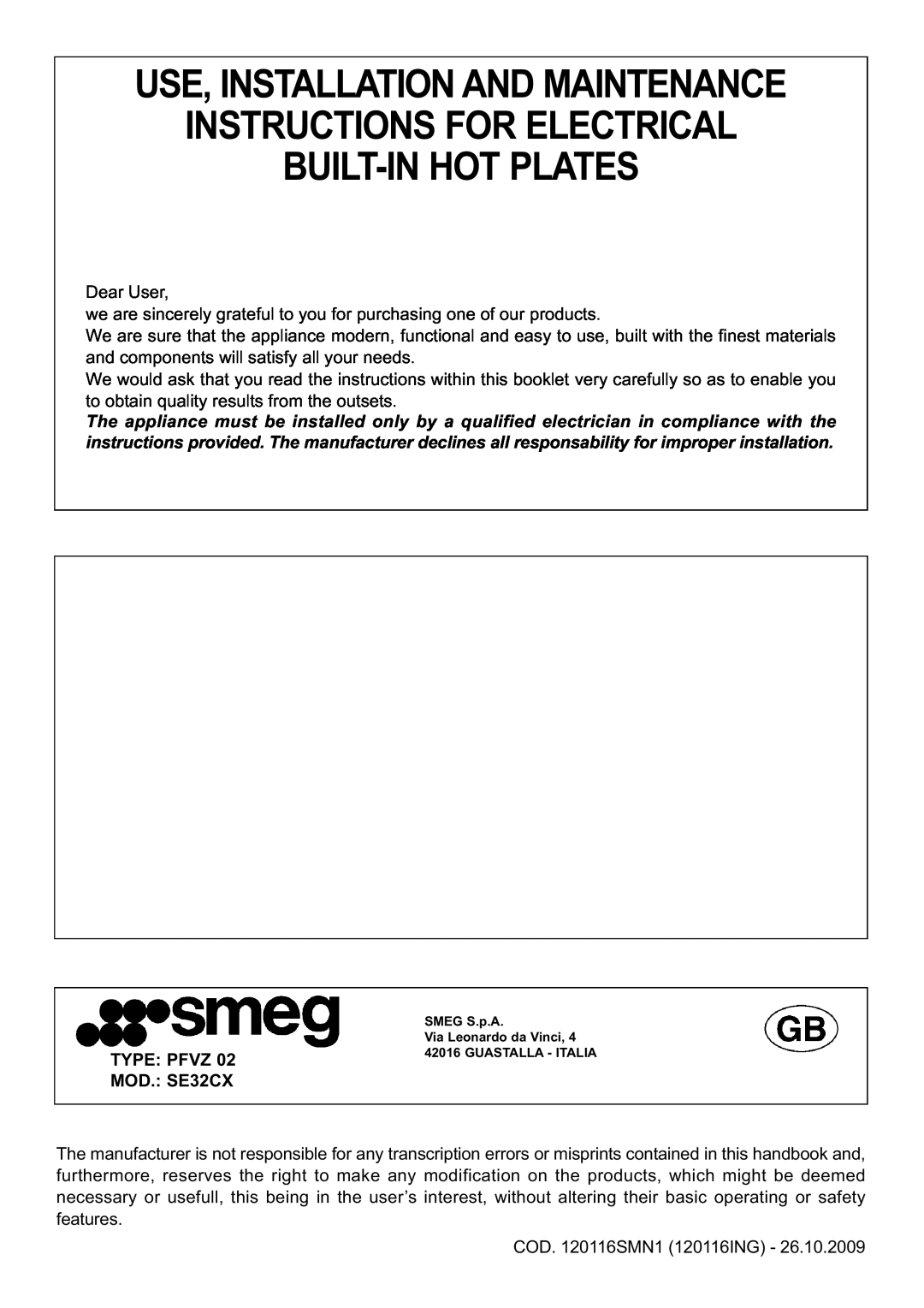 Smeg SE32CX manual Use,Installationandmaintenance Instructionsforelectrical, Built-Inhotplates 