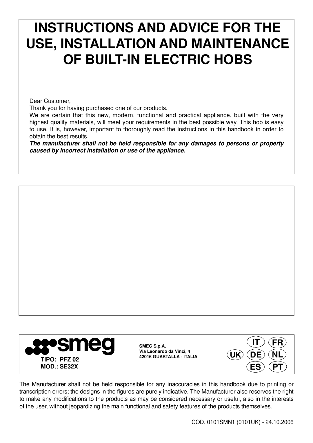 Smeg manual Tipo PFZ MOD. SE32X 