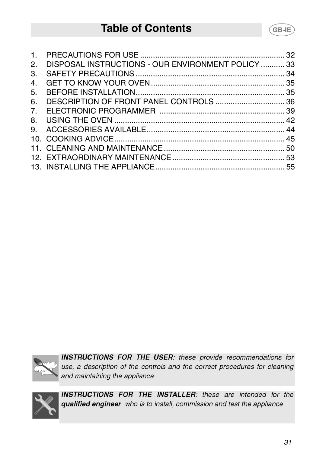 Smeg SE365MF-5 manual Table of Contents 