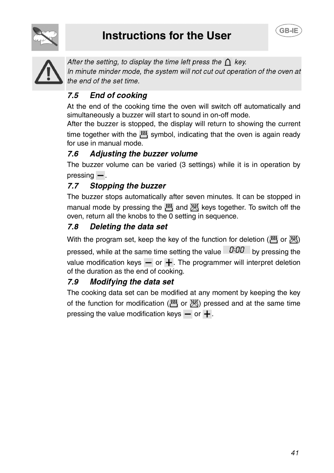 Smeg SE365MF-5 manual End of cooking, Adjusting the buzzer volume, Stopping the buzzer, Deleting the data set 