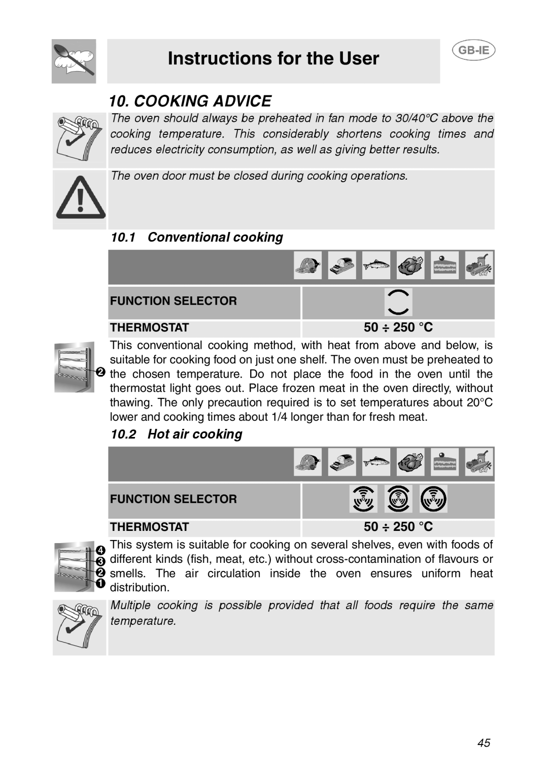 Smeg SE365MF-5 manual Cooking Advice, Conventional cooking, Hot air cooking 