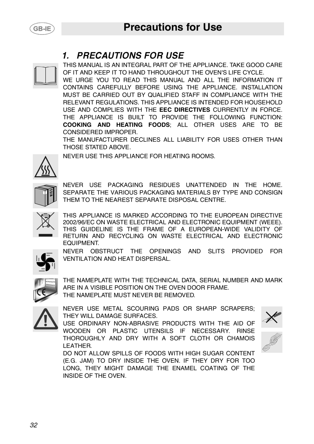 Smeg SE365MF-5 manual Precautions for Use, Precautions for USE 