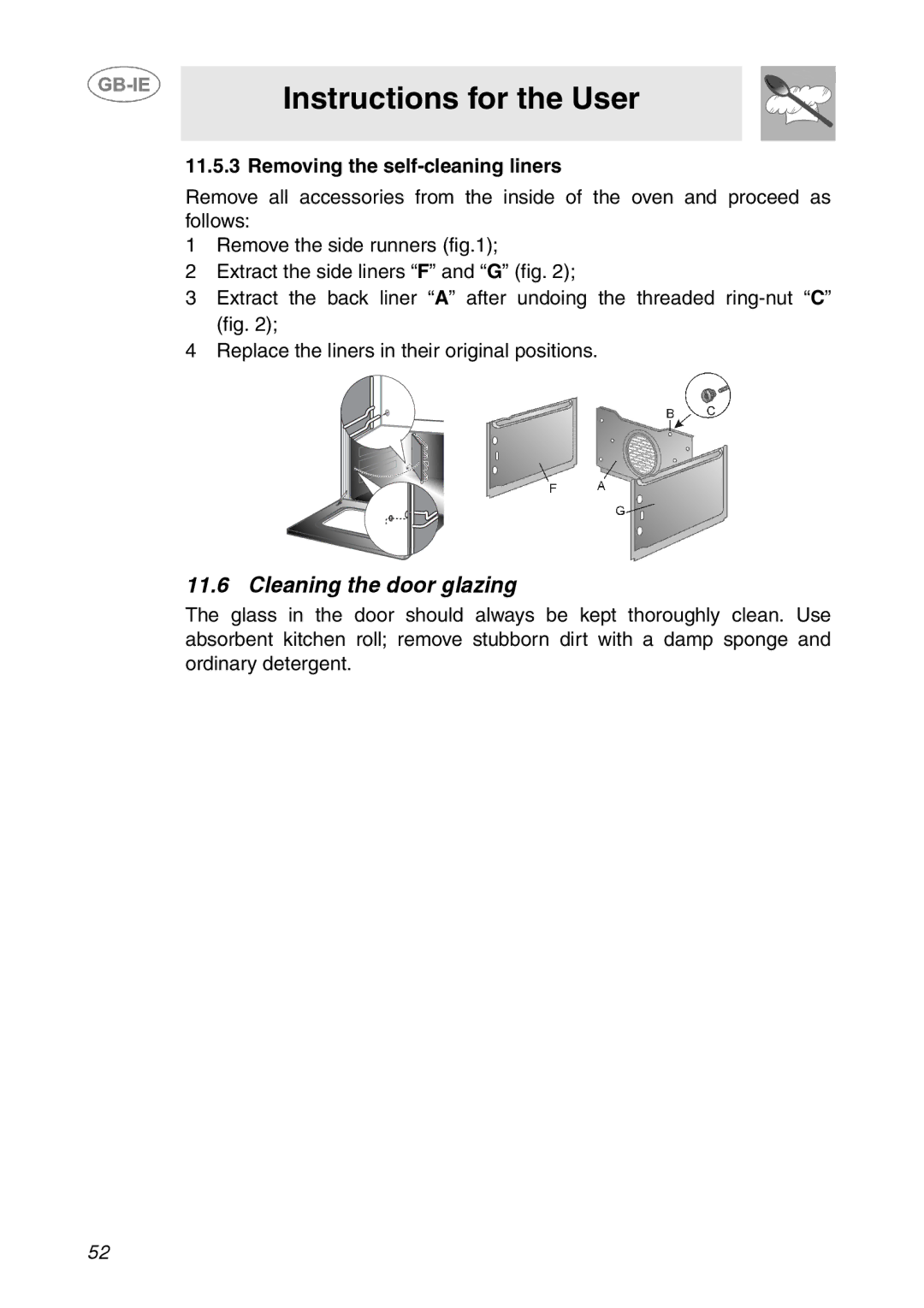 Smeg SE365MF-5 manual Cleaning the door glazing, Removing the self-cleaning liners 