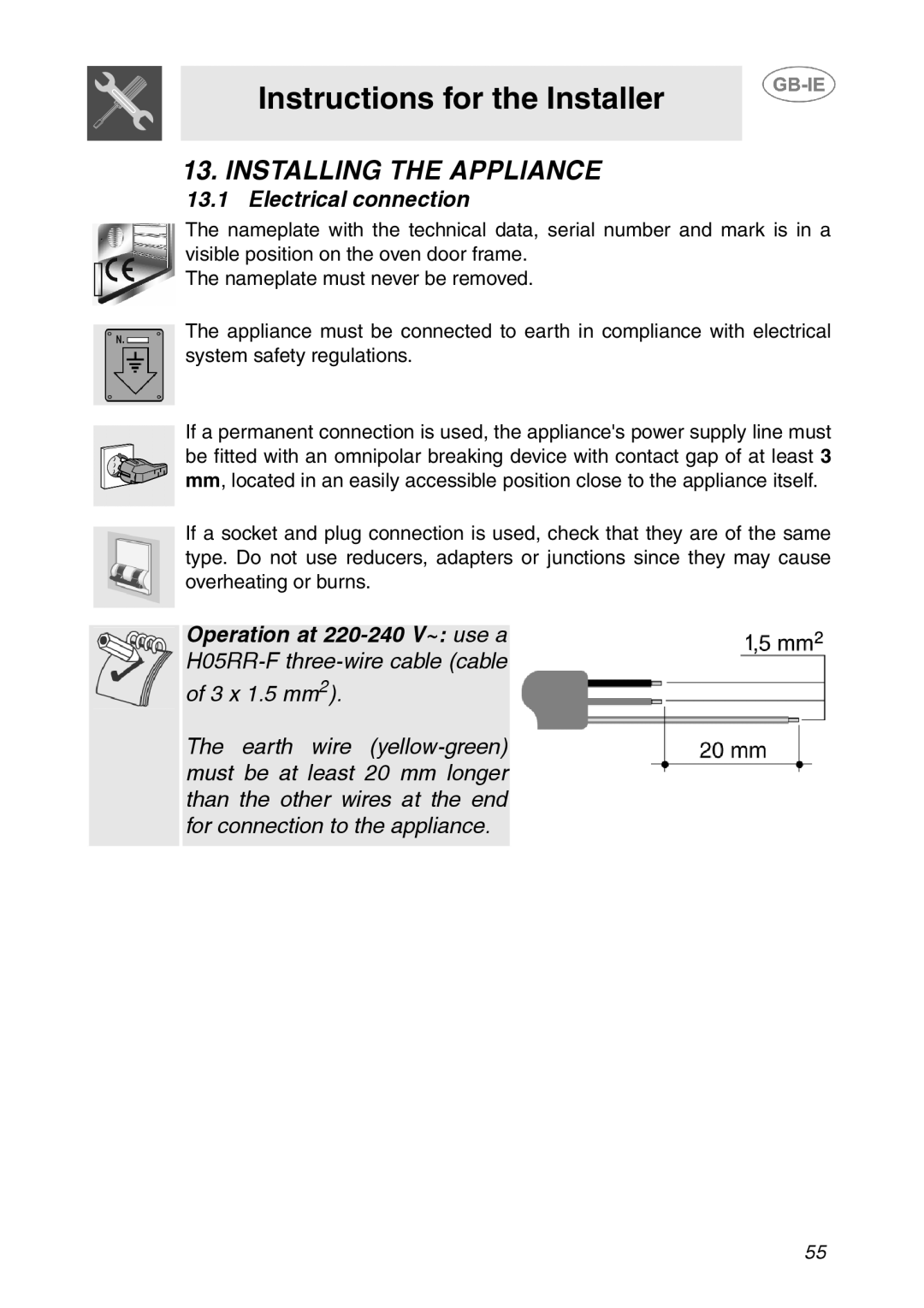 Smeg SE365MF-5 manual Installing the Appliance, Electrical connection 