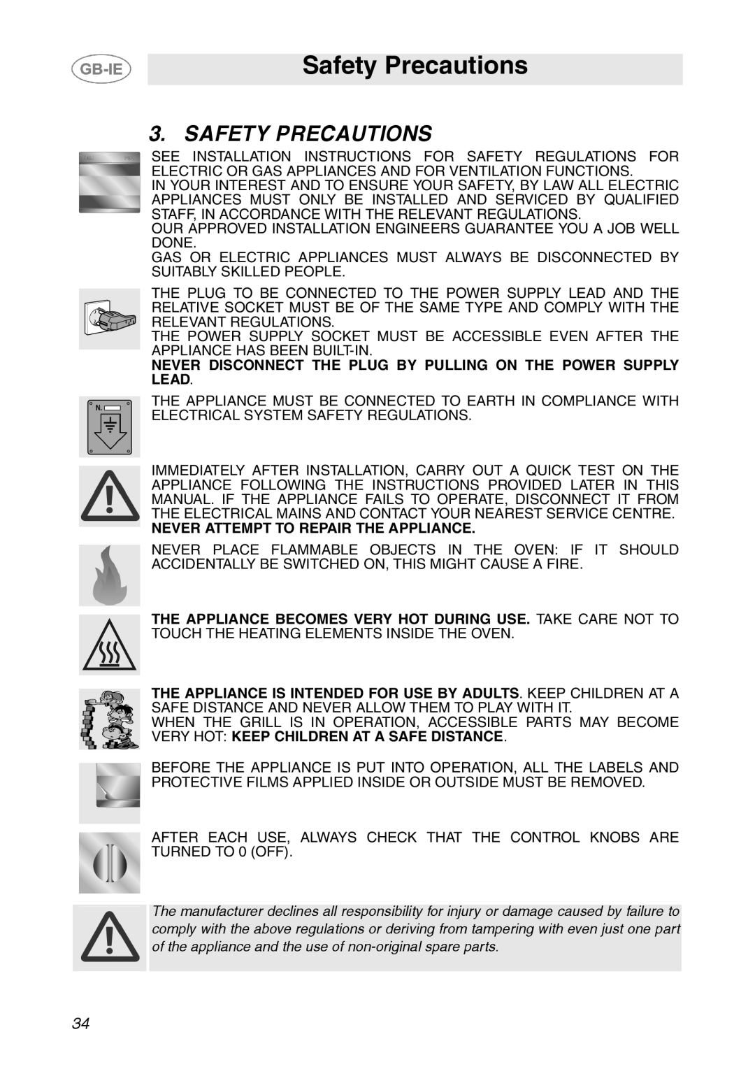 Smeg SE365MF-5 manual Safety Precautions 