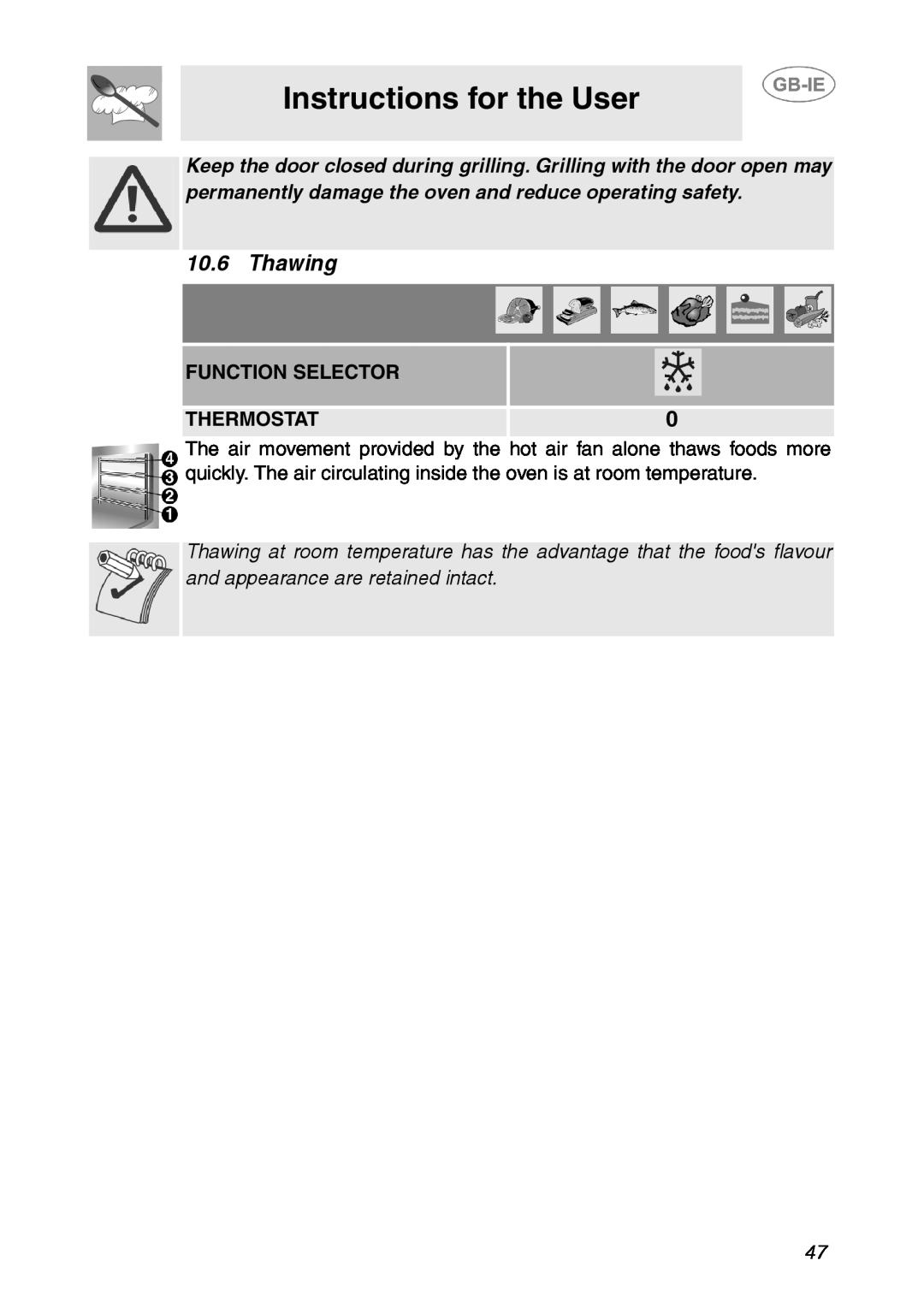 Smeg SE365MF-5 manual Thawing, Instructions for the User, Function Selector, Thermostat 
