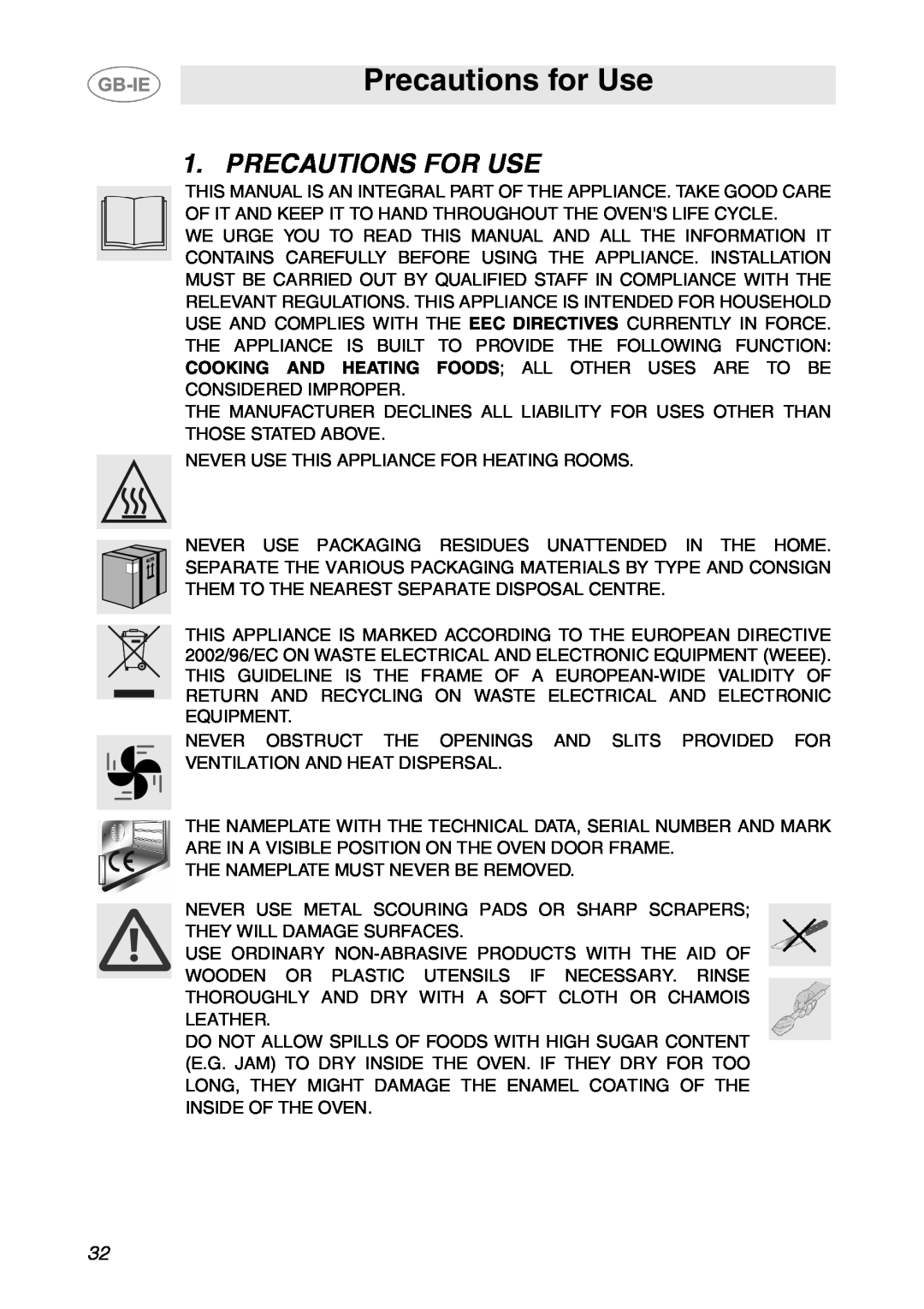 Smeg SE365MF-5 manual Precautions for Use, Precautions For Use 