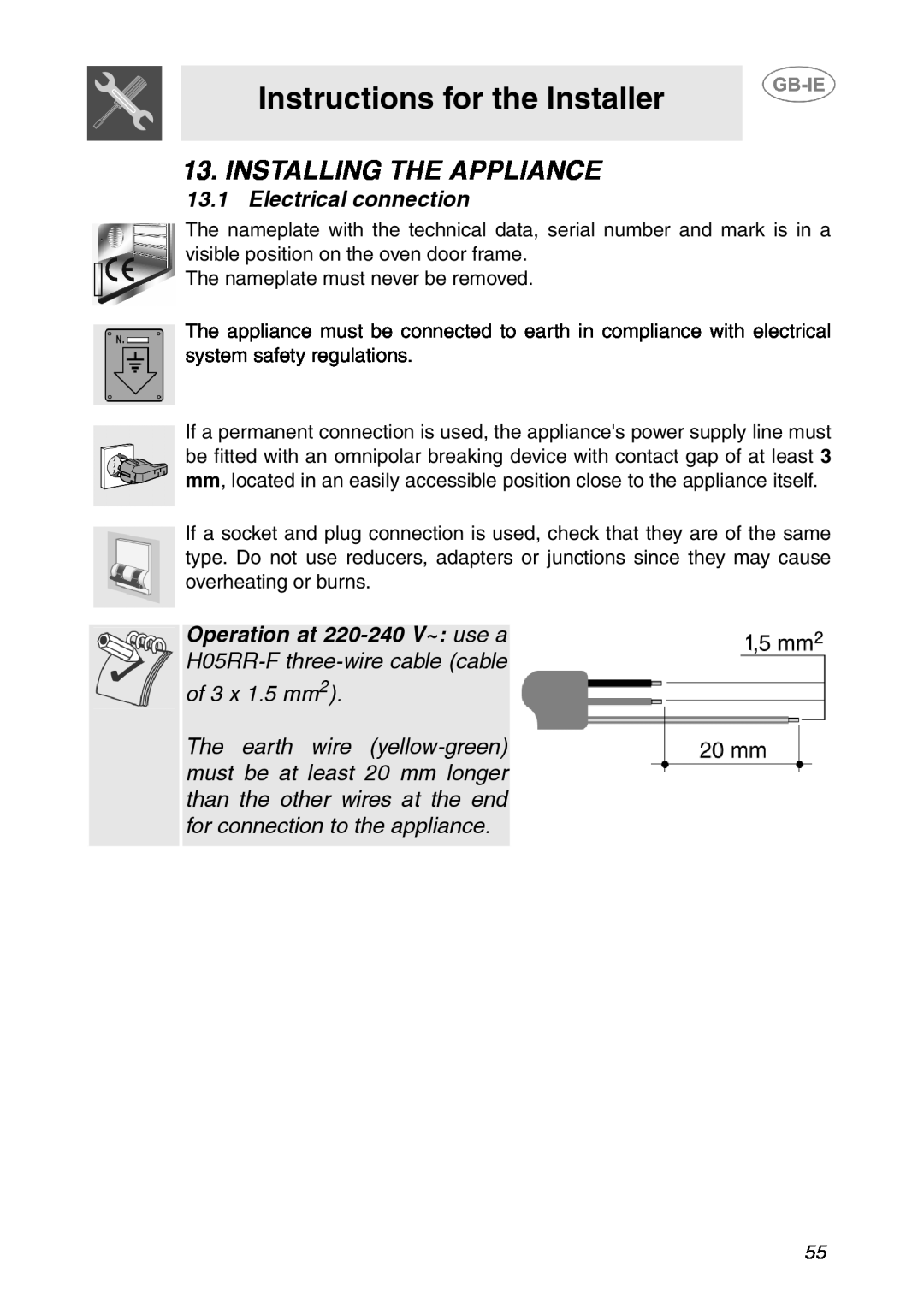 Smeg SE365MF-5 manual Installing The Appliance, Electrical connection, Instructions for the Installer 