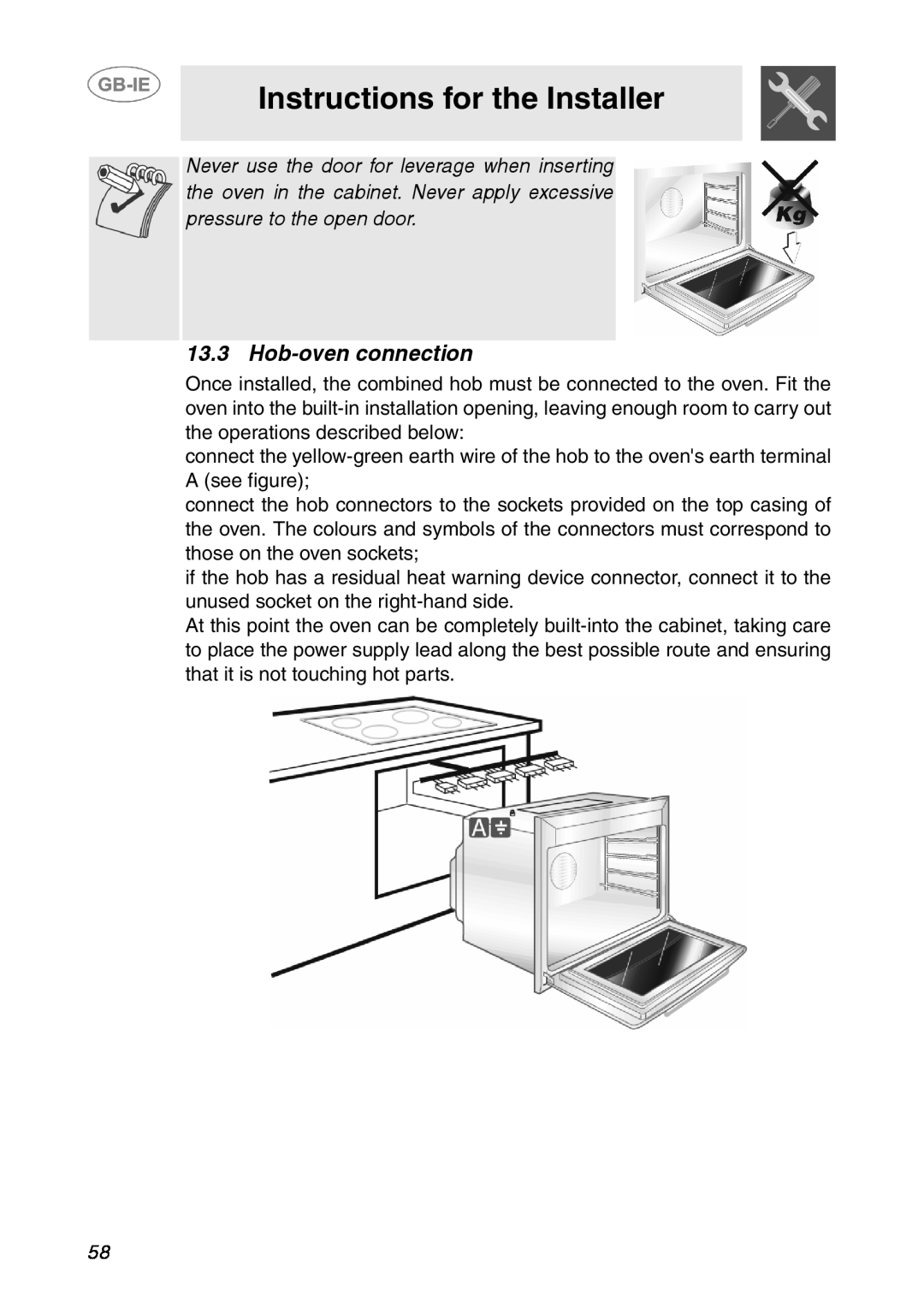 Smeg SE365MF-5 manual Hob-oven connection, Instructions for the Installer 