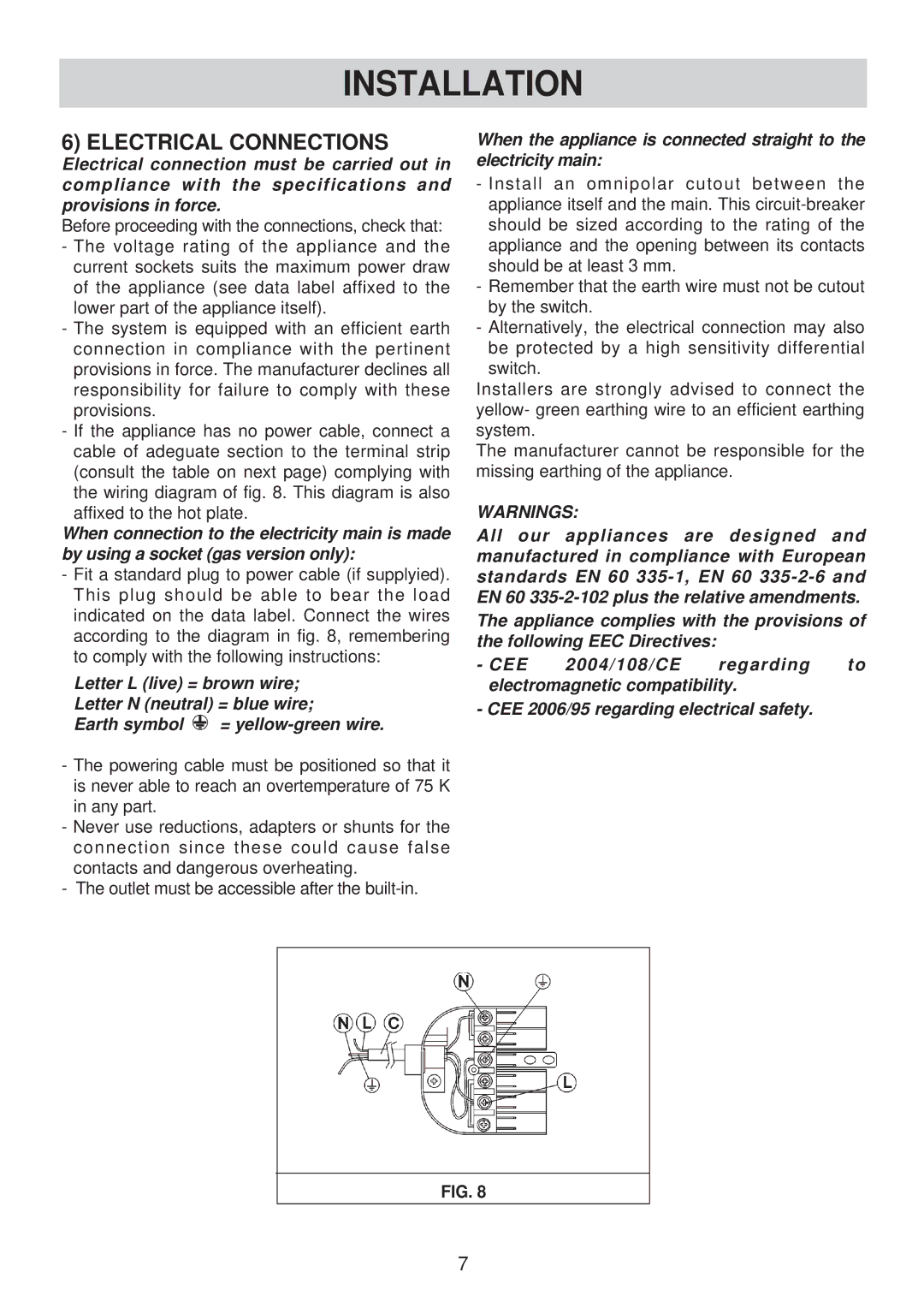 Smeg SE435XT manual Electrical Connections 