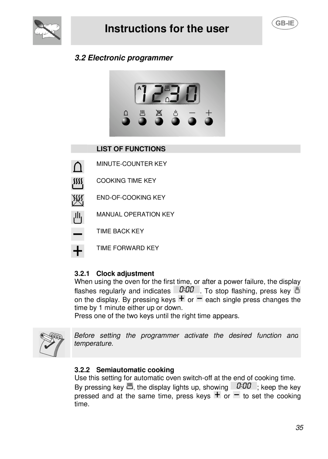 Smeg SE598XGT, SE598X-5 manual Electronic programmer, Clock adjustment, Semiautomatic cooking 