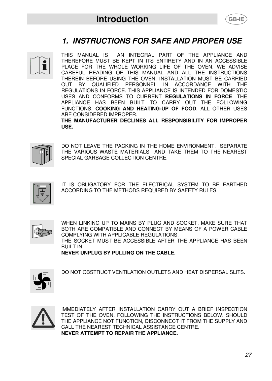 Smeg SE598X-5, SE598XGT manual Introduction, Instructions for Safe and Proper USE 