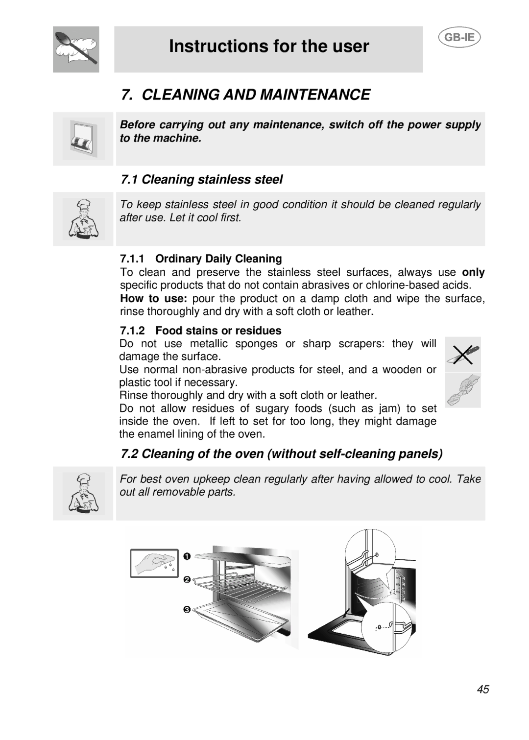 Smeg SE598X-5 manual Cleaning and Maintenance, Cleaning stainless steel, Cleaning of the oven without self-cleaning panels 