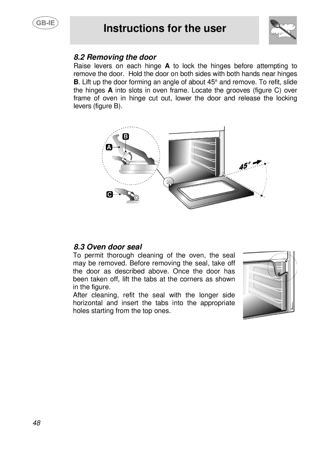 Smeg SE598X-5, SE598XGT manual Removing the door, Oven door seal 