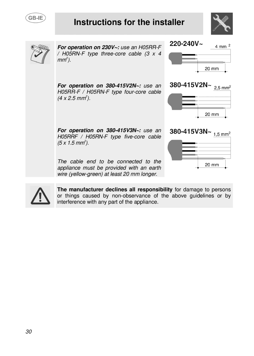 Smeg SE598X-5, SE598XGT manual For operation on 230V∼ use an H05RR-F 