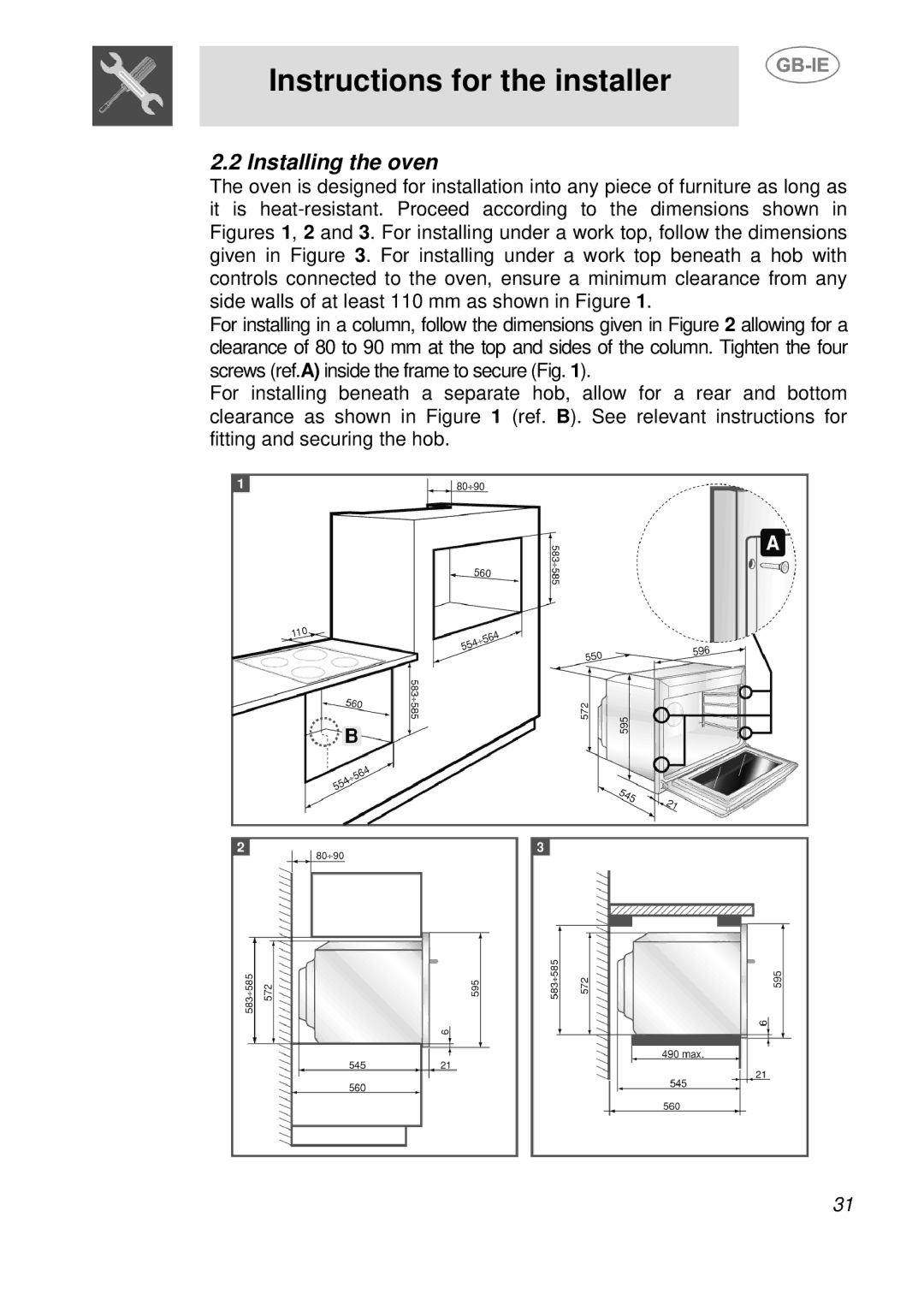 Smeg SE598XGT, SE598X-5 manual Installing the oven 